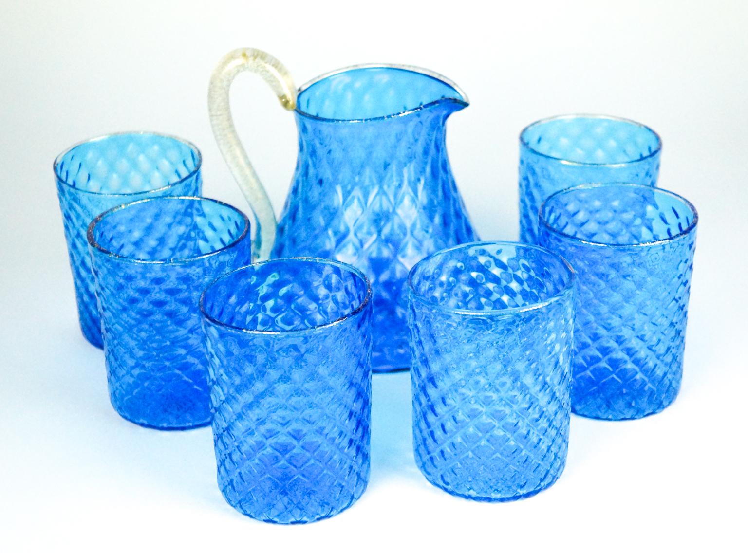 Hand-Crafted Midcentury Set of Six Light Blue Gold Murano Drinking Glasses with Jug, 1990 For Sale
