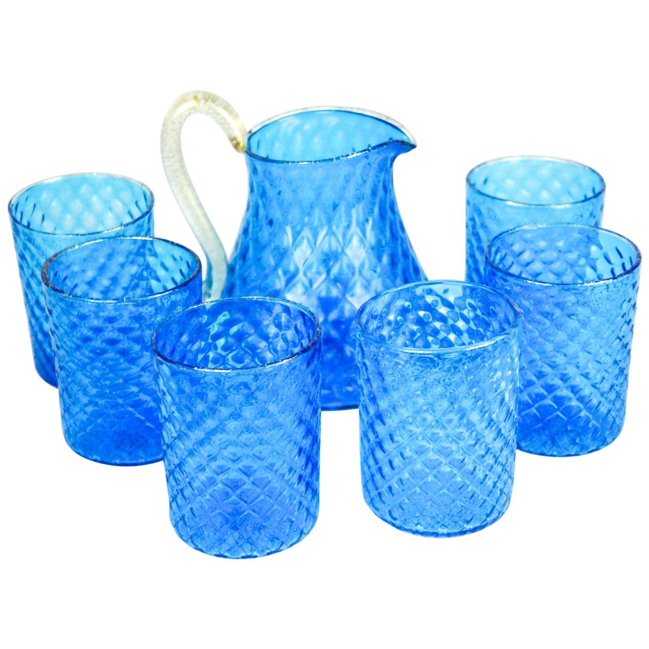 Midcentury Set of Six Light Blue Gold Murano Drinking Glasses with Jug, 1990 For Sale
