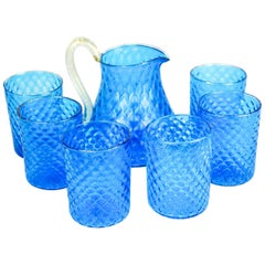 Retro Midcentury Set of Six Light Blue Gold Murano Drinking Glasses with Jug, 1990