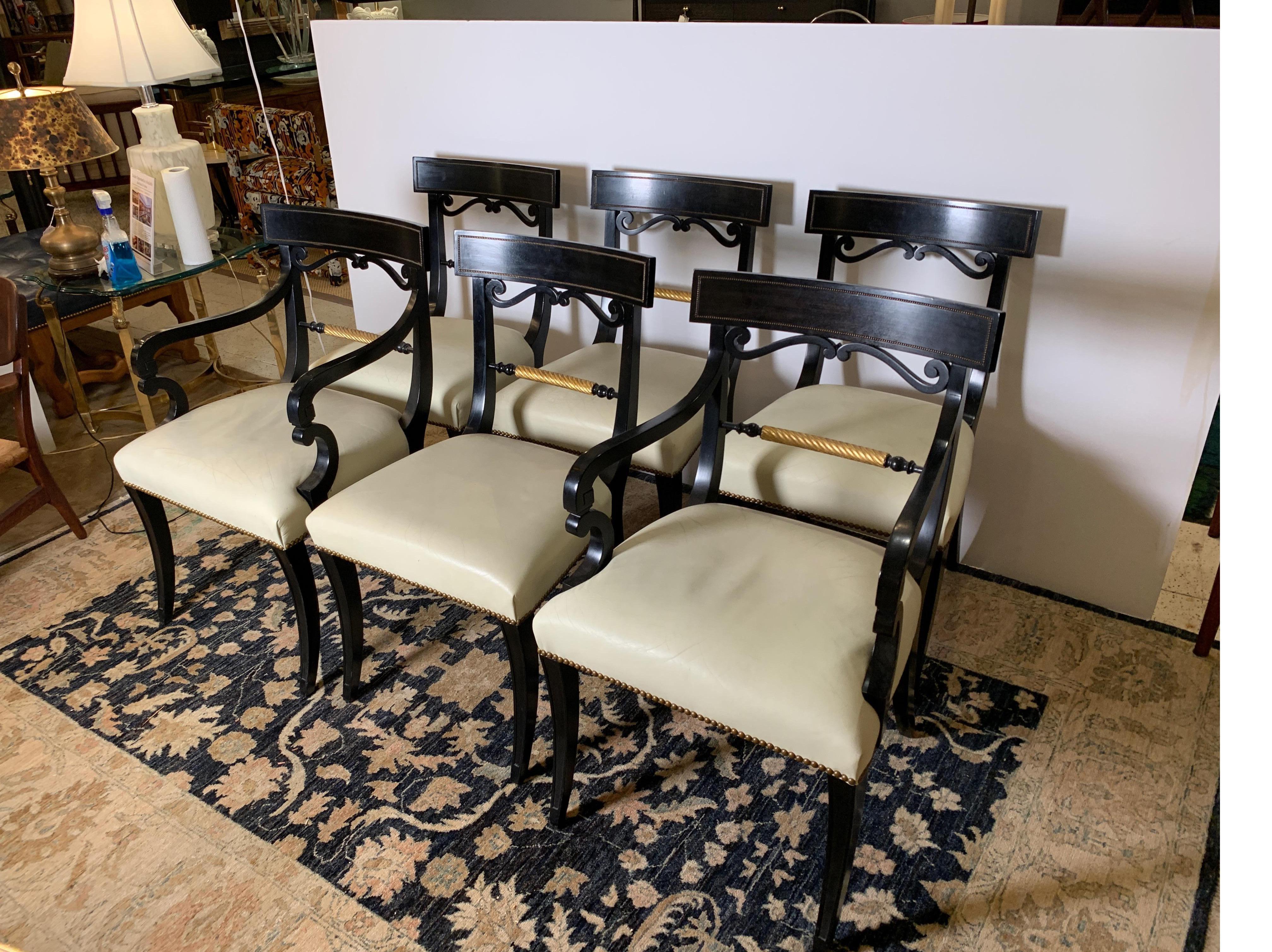 Midcentury Set of Six Regency Style Ebonized and Gilt Dining Chairs In Good Condition In Lambertville, NJ