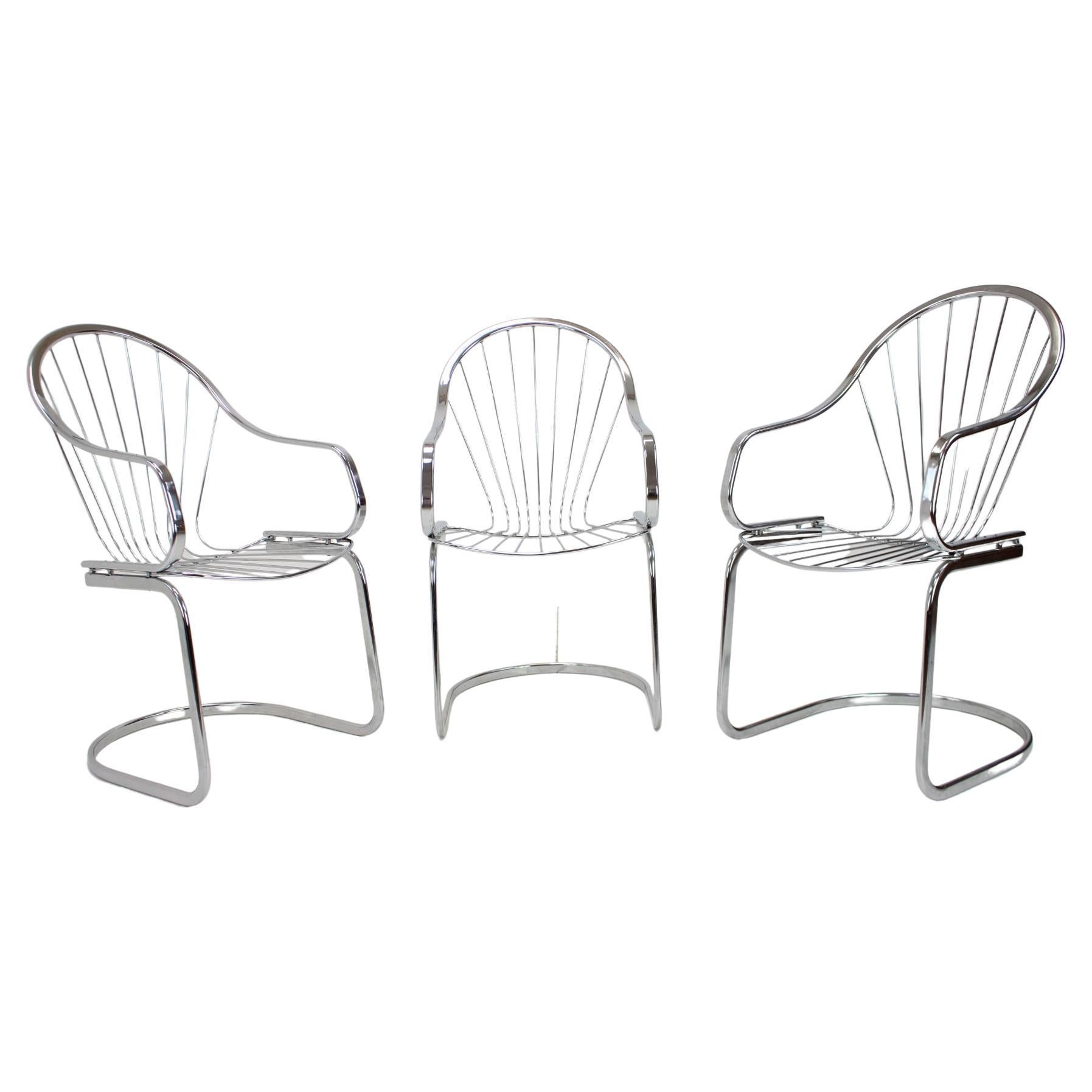 Midcentury Set of Three Chrome Dining Chairs by Gastone Rinaldi, Italy, 1970s For Sale