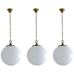 Midcentury Set of Three Italian Large Opaline Glass Sphere Pendant, 1950s