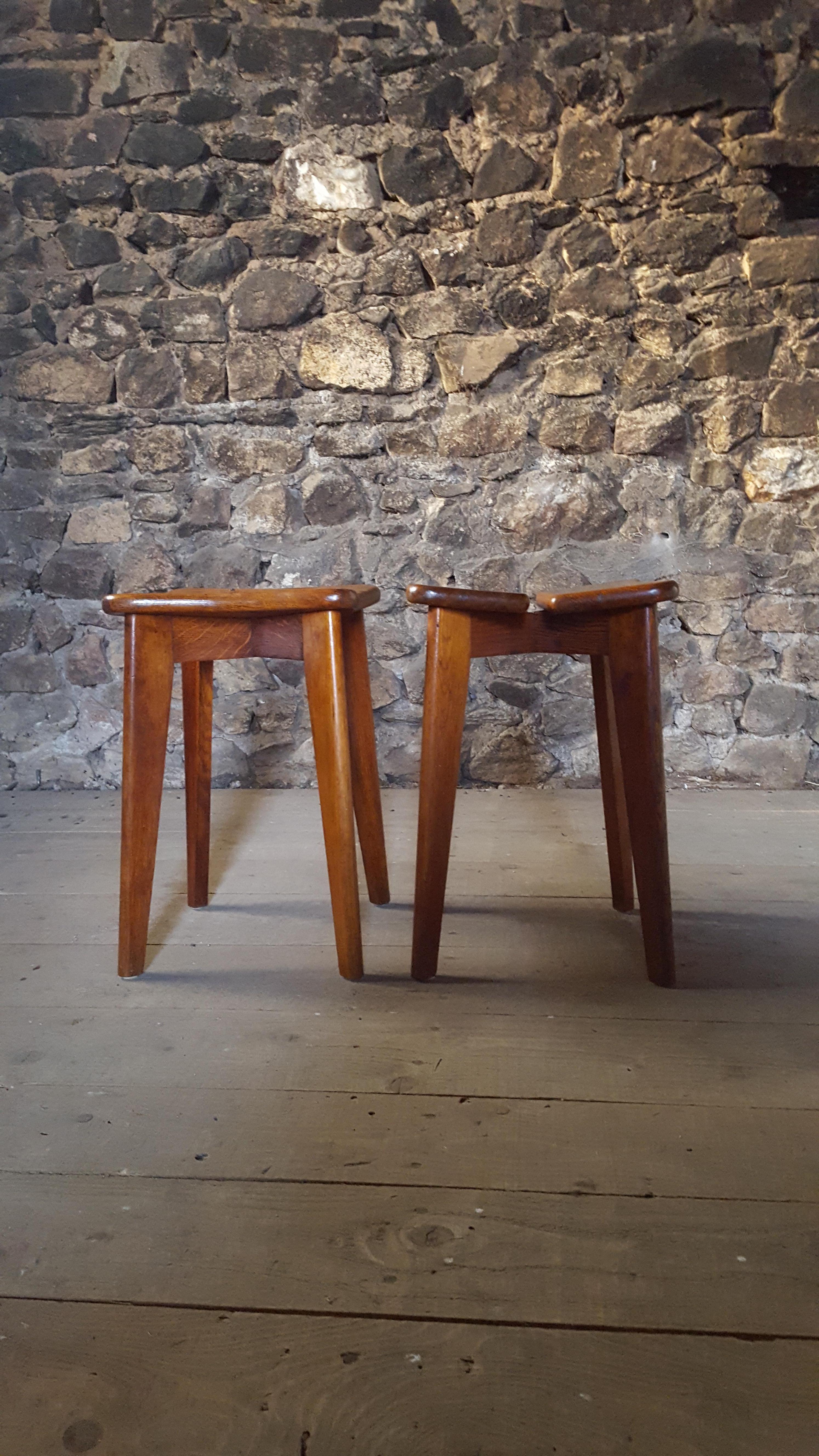 Midcentury Set of Two Oak Wood Stools by Marcel Gascoin, France, 1950 4