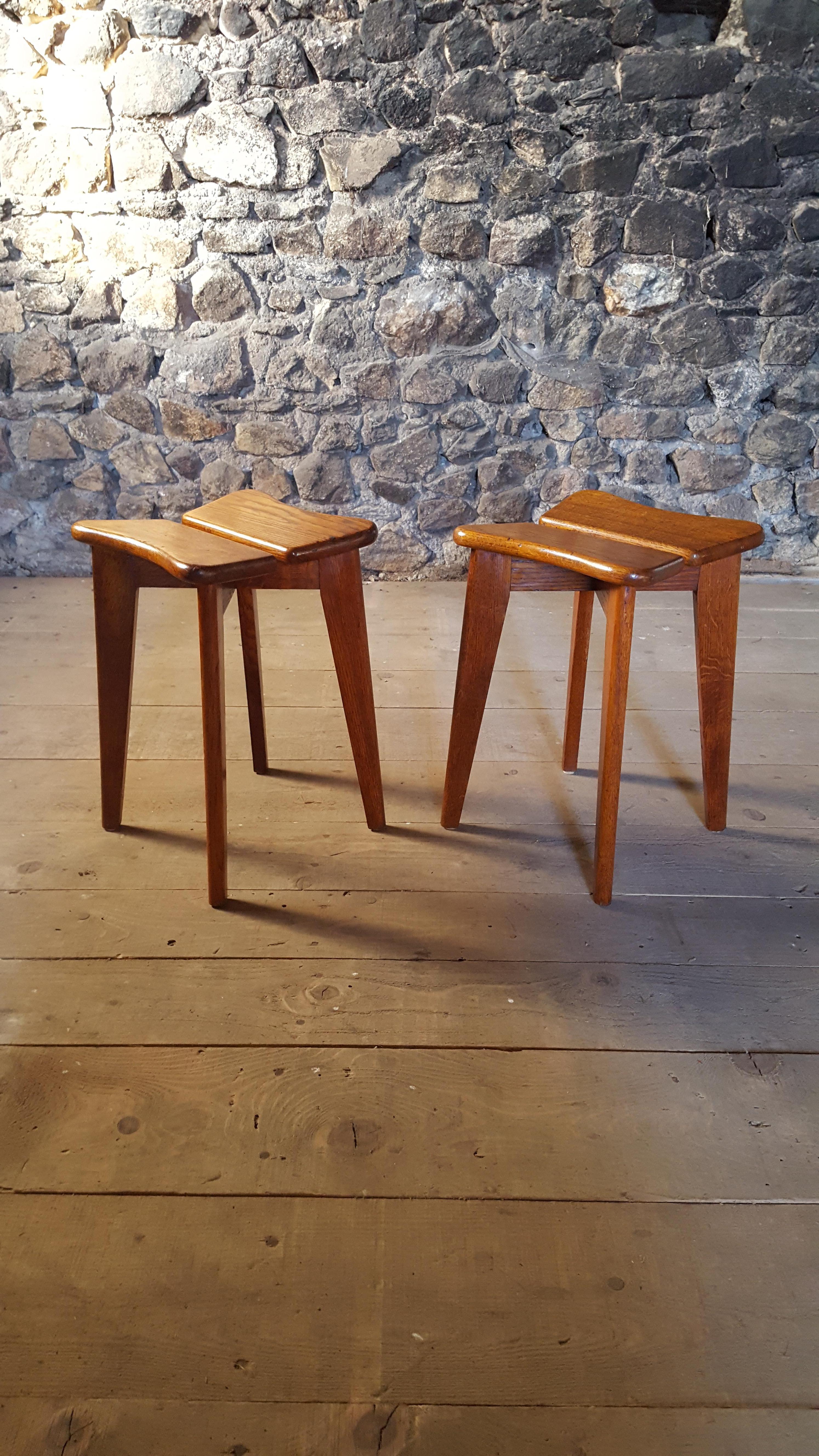 Midcentury Set of Two Oak Wood Stools by Marcel Gascoin, France, 1950 5