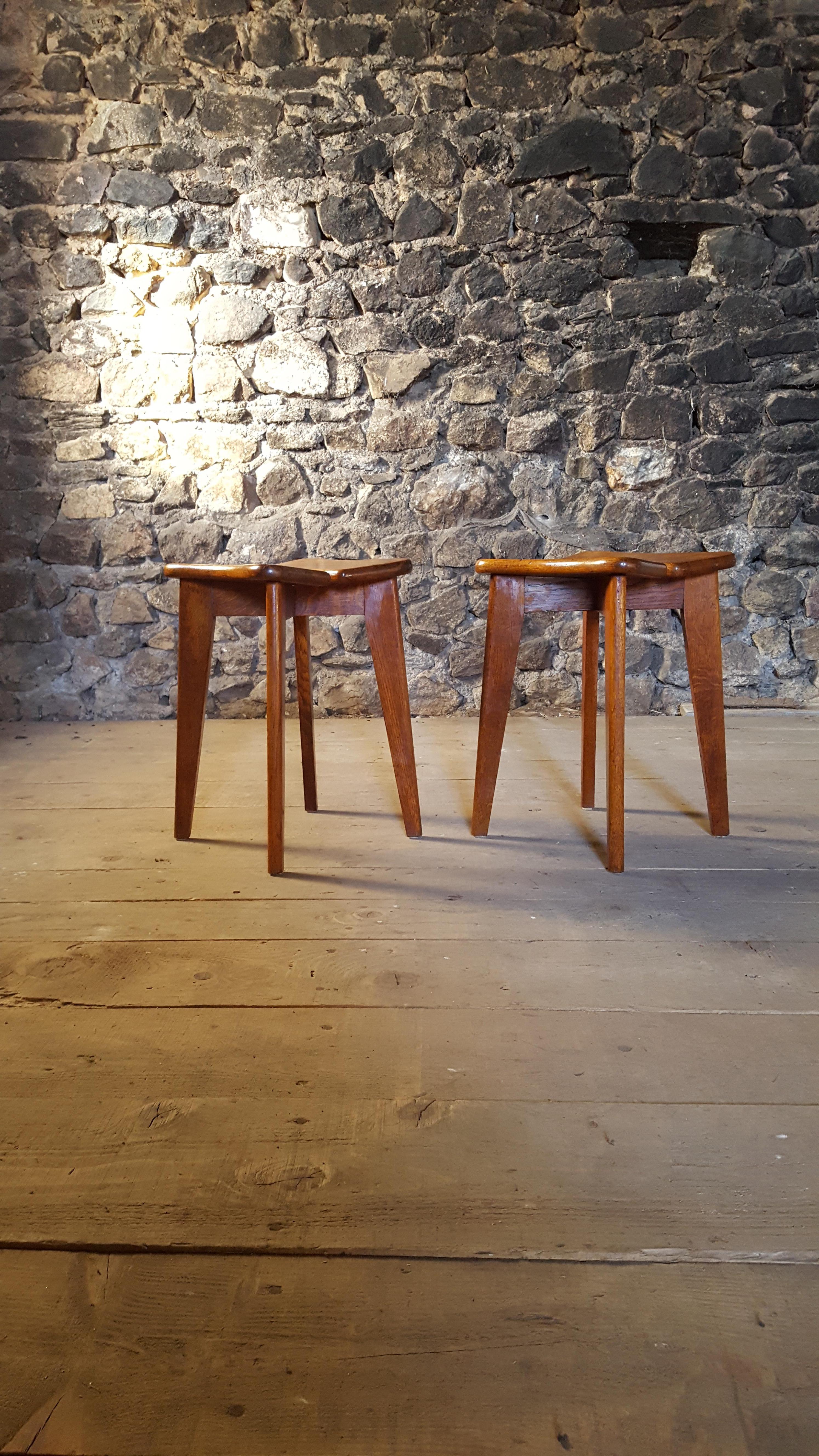 Midcentury Set of Two Oak Wood Stools by Marcel Gascoin, France, 1950 6