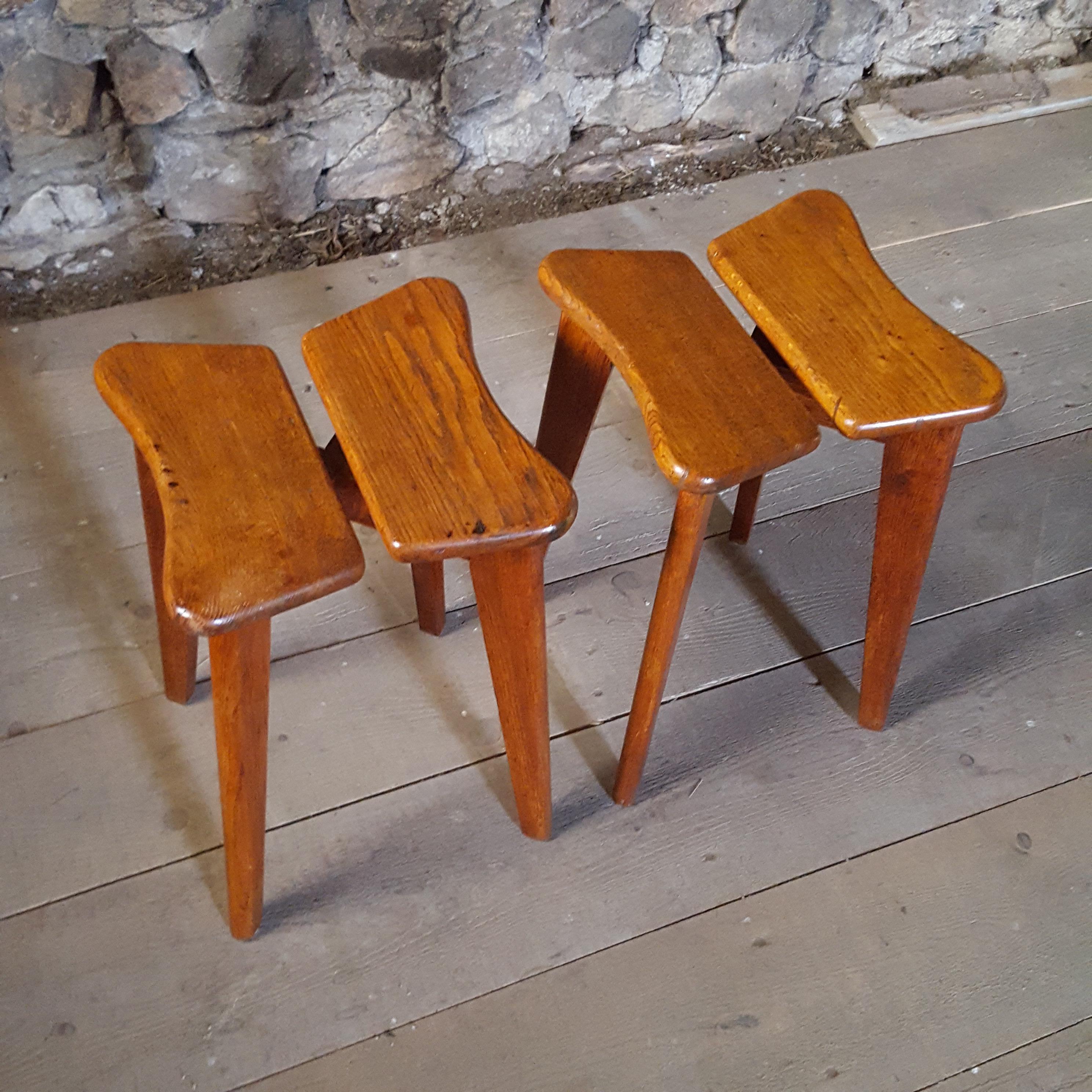 Mid-Century Modern Midcentury Set of Two Oak Wood Stools by Marcel Gascoin, France, 1950