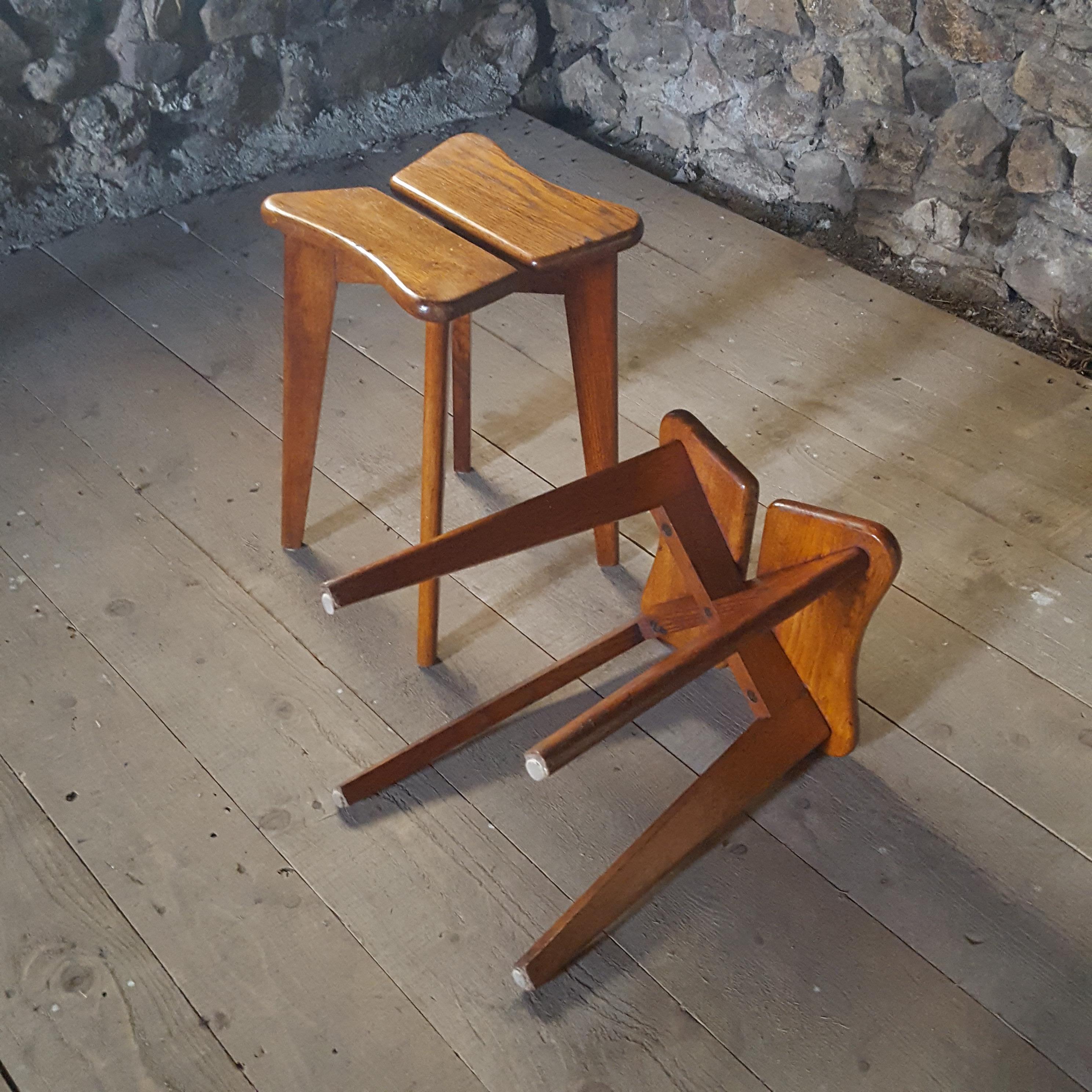 French Midcentury Set of Two Oak Wood Stools by Marcel Gascoin, France, 1950