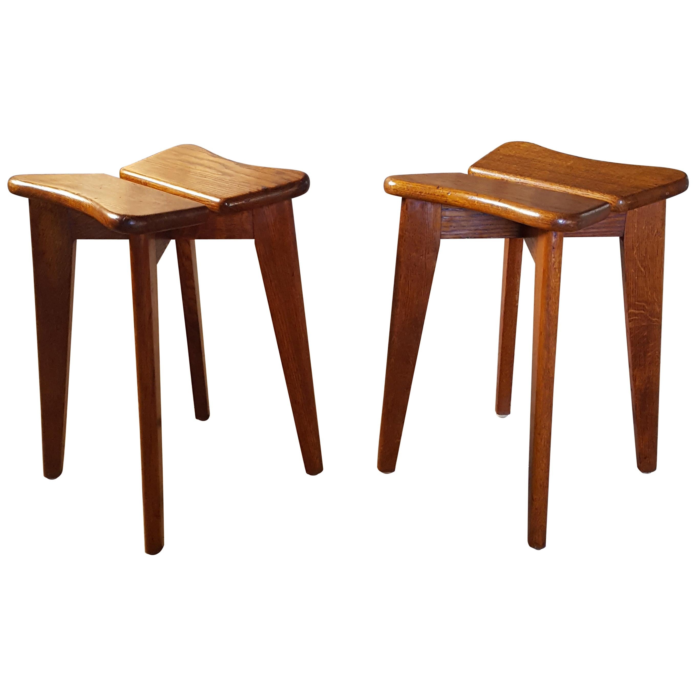 Midcentury Set of Two Oak Wood Stools by Marcel Gascoin, France, 1950