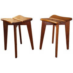 Vintage Midcentury Set of Two Oak Wood Stools by Marcel Gascoin, France, 1950