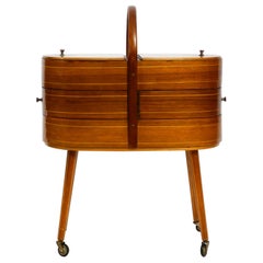 Midcentury Sewing Box with Teak Veneer Marquetry and Many Compartments