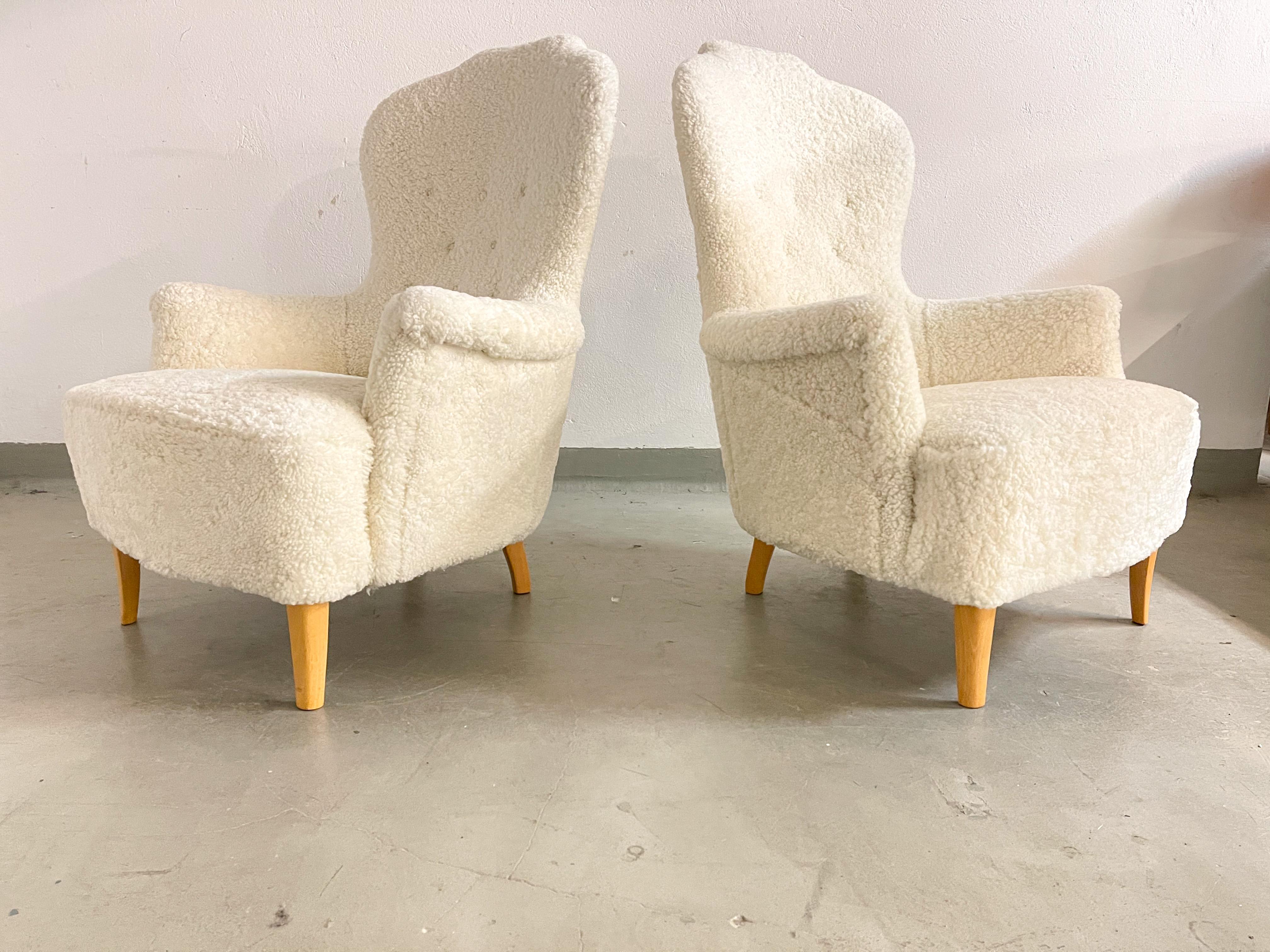 Mid-20th Century Midcentury Sheepskin Carl Malmsten Model 'Farmor' Set of 2 Lounge Chairs