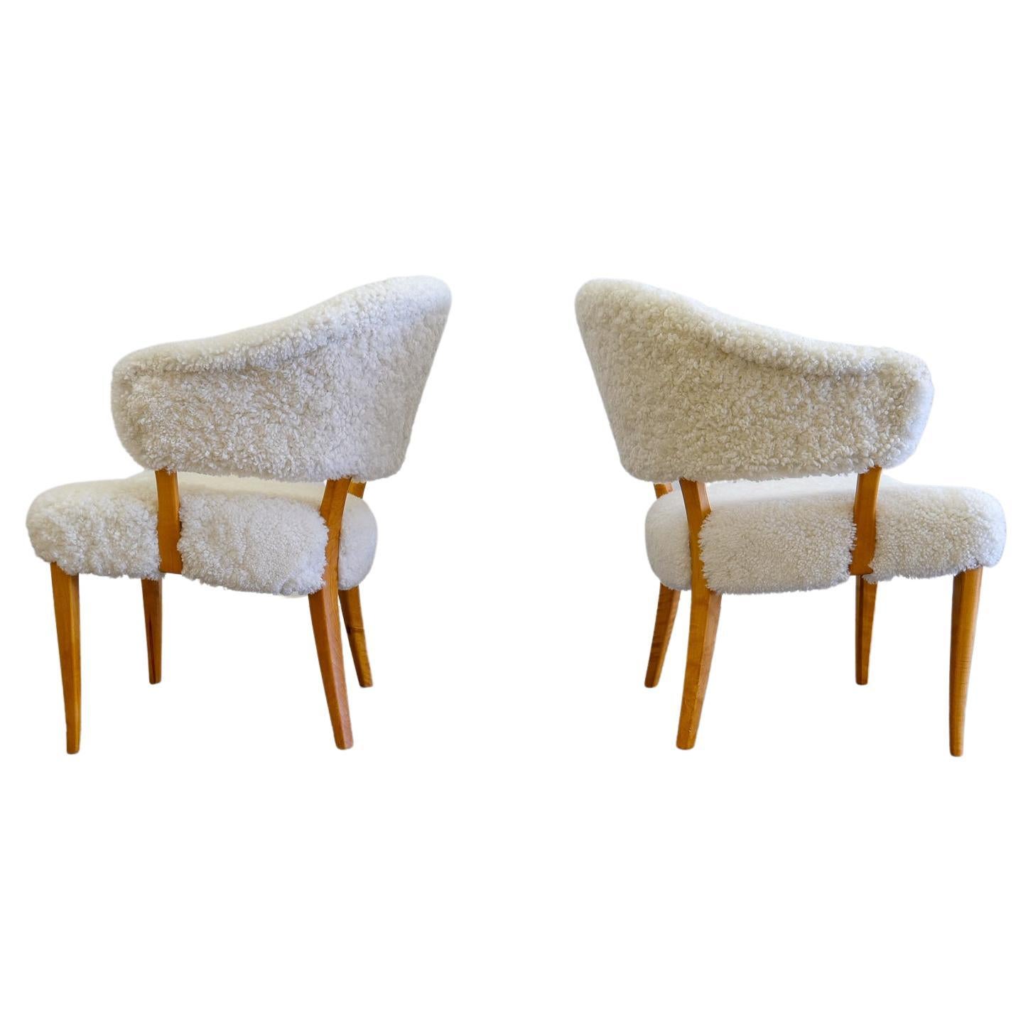 Midcentury Modern Sheepskin/Shearling Carl Malmsten "Lata Greven" Lounge Chairs For Sale