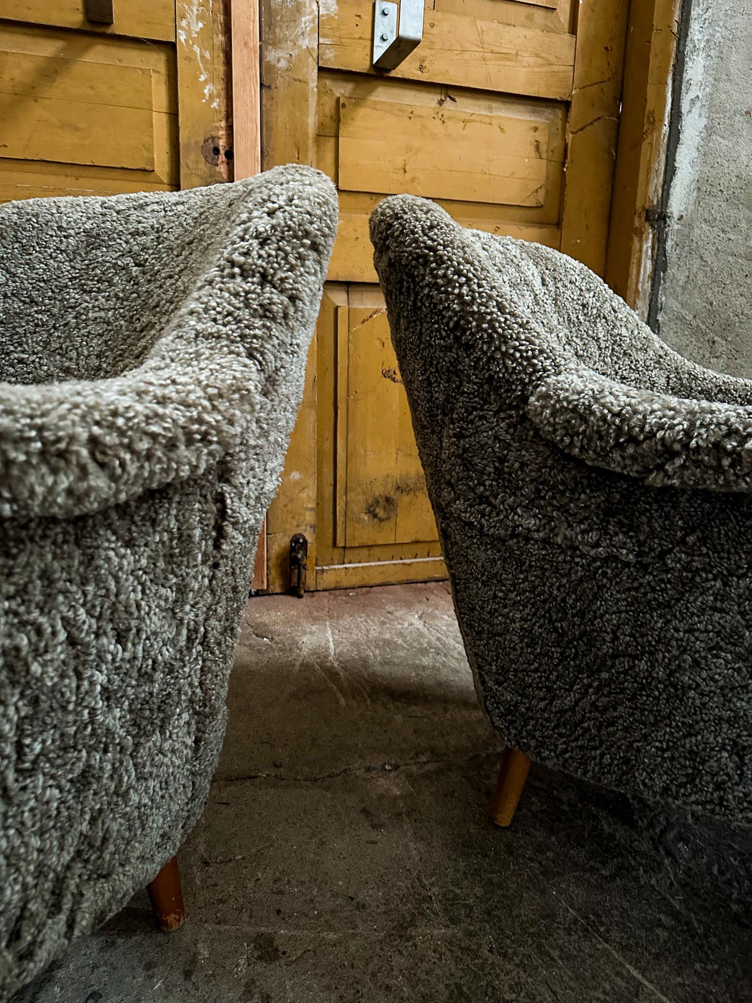 Midcentury Modern Sheepskin/Shearling Carl Malmsten Model Samspel Lounge Chairs 4