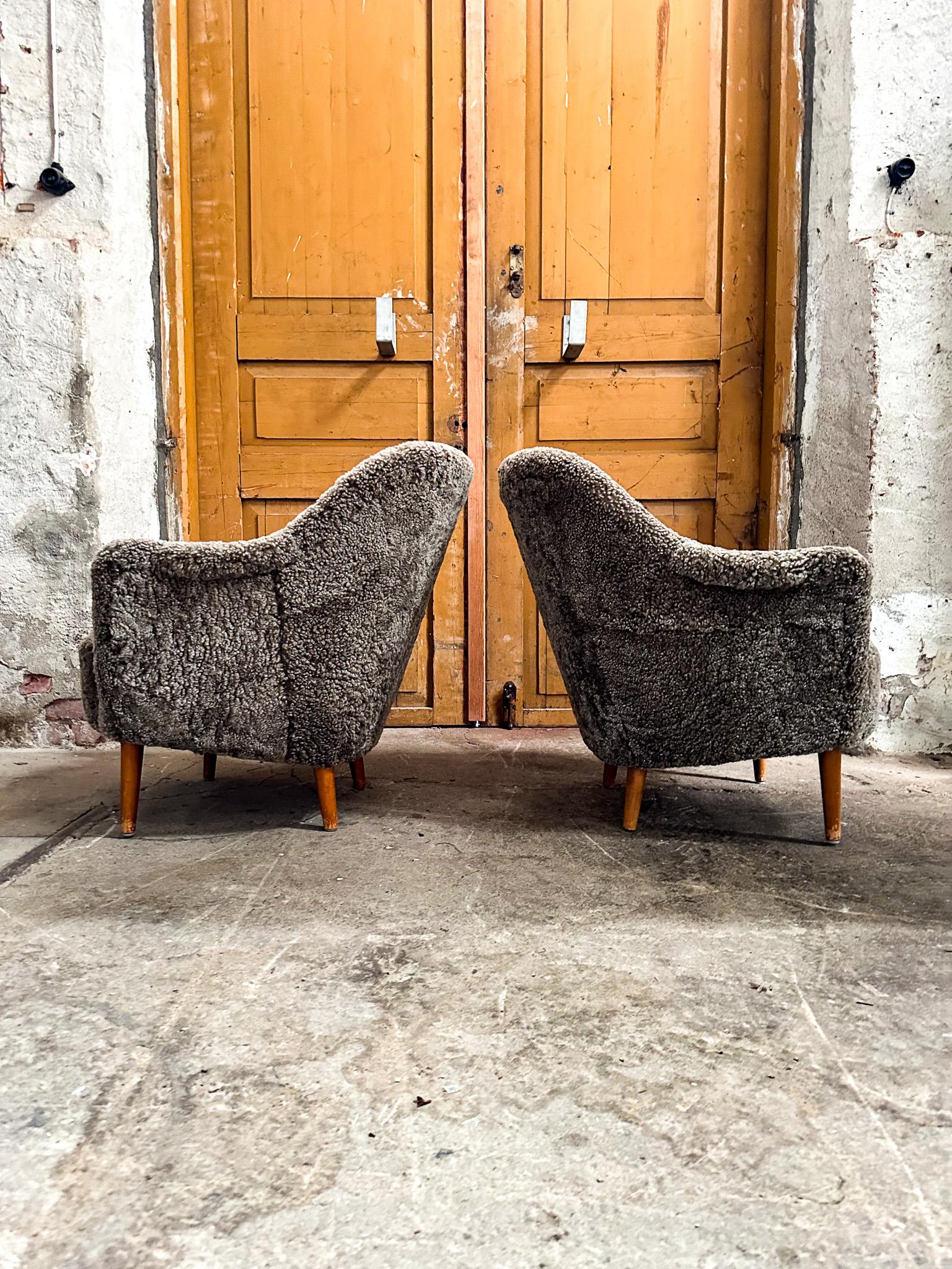 Midcentury Modern Sheepskin/Shearling Carl Malmsten Model Samspel Lounge Chairs 5