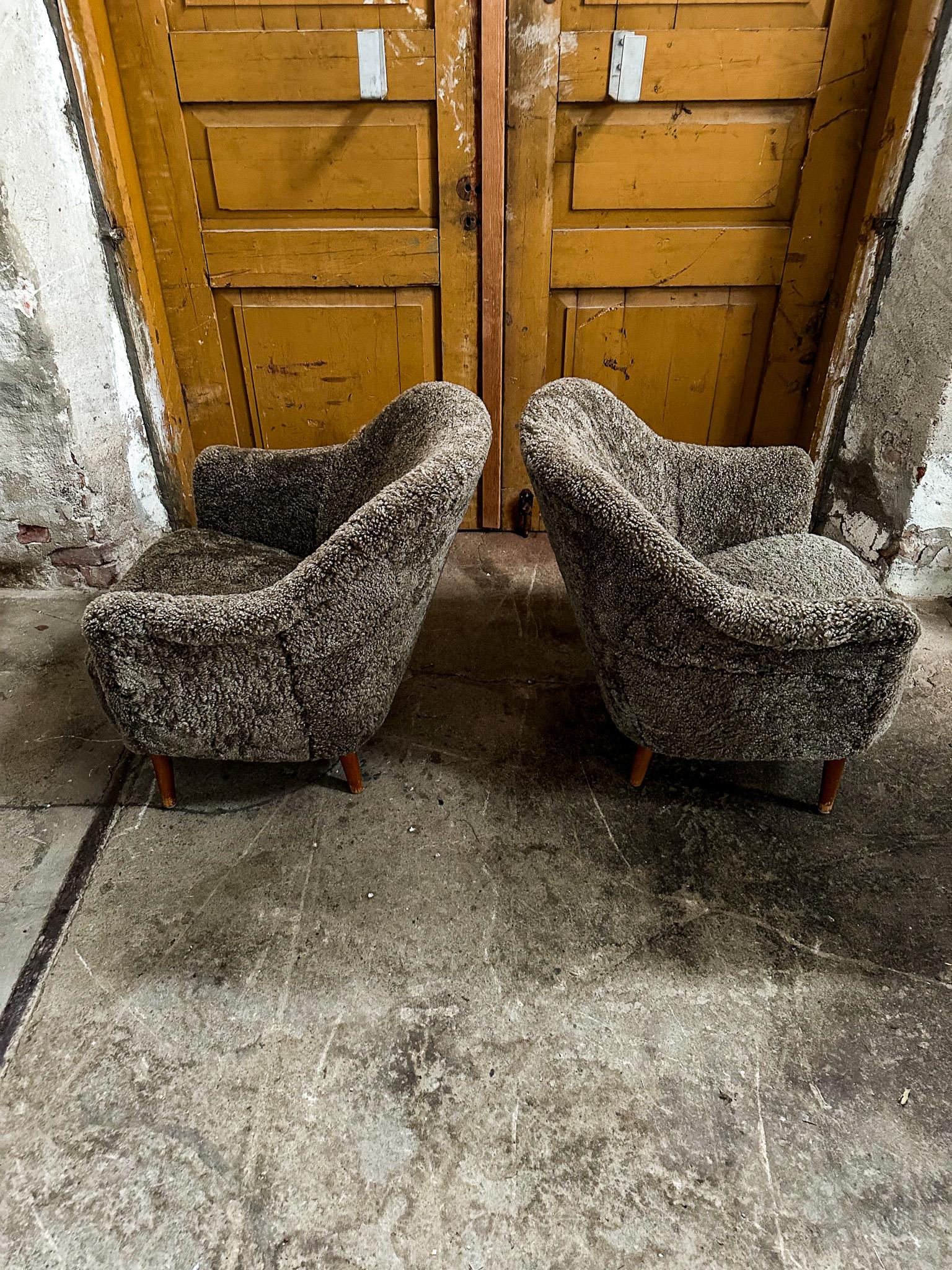 Midcentury Modern Sheepskin/Shearling Carl Malmsten Model Samspel Lounge Chairs 6