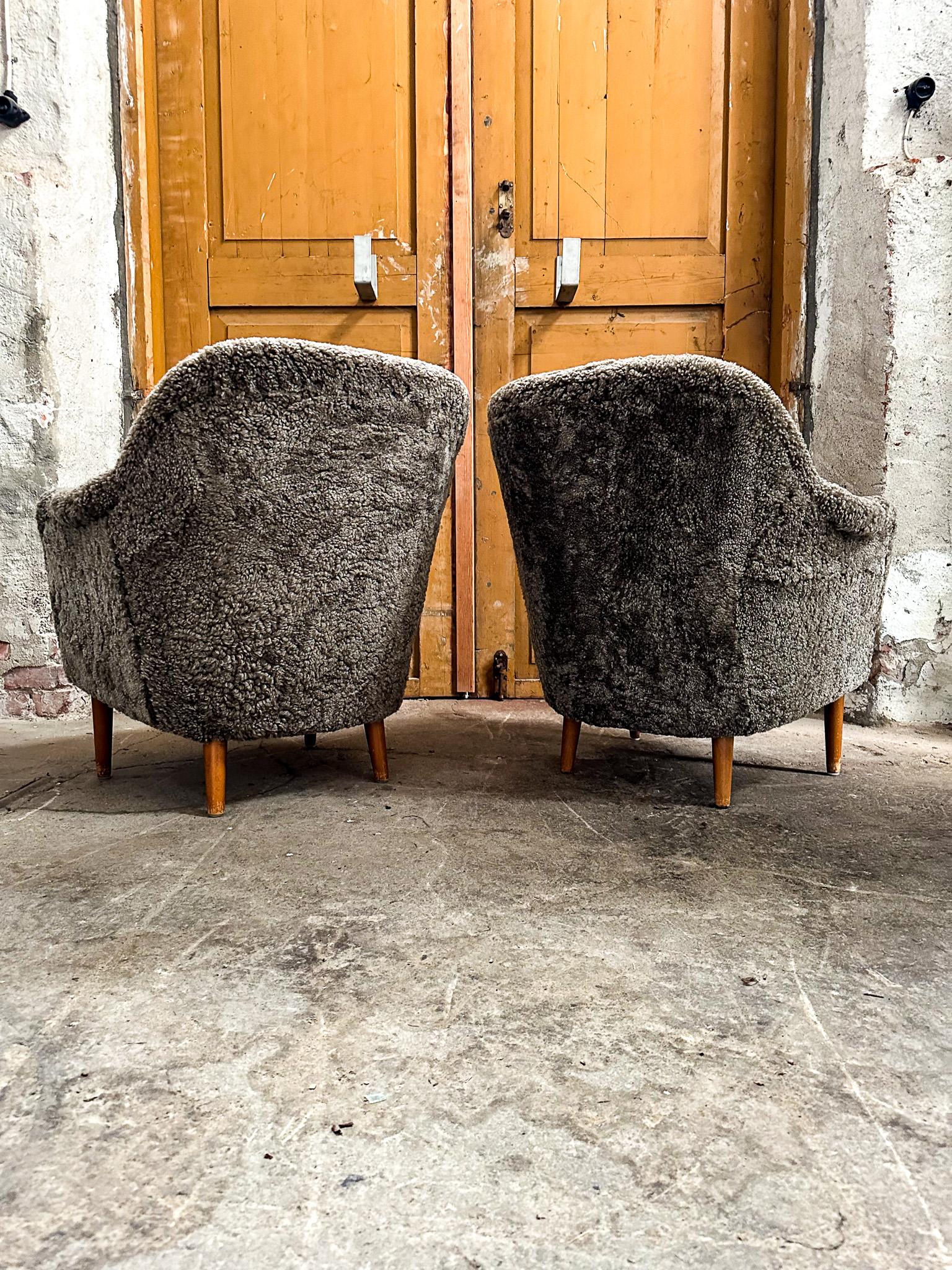 Midcentury Modern Sheepskin/Shearling Carl Malmsten Model Samspel Lounge Chairs 7