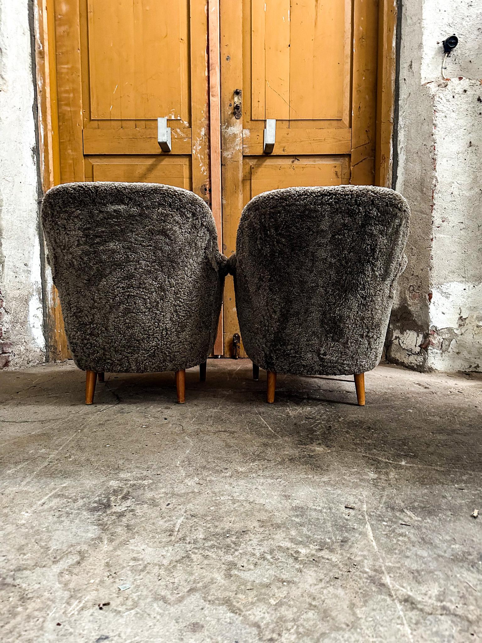 Midcentury Modern Sheepskin/Shearling Carl Malmsten Model Samspel Lounge Chairs 9
