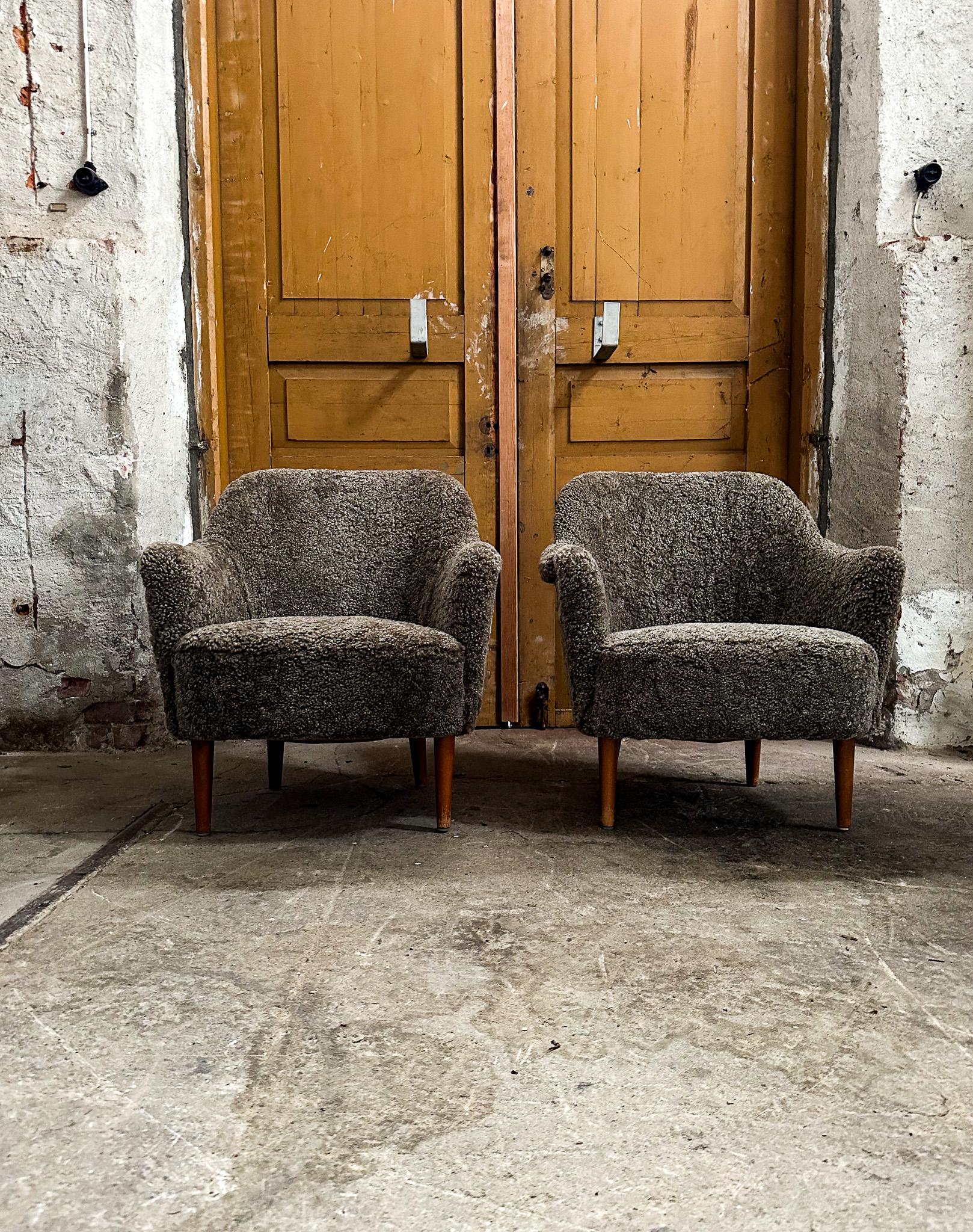 Scandinavian Modern Midcentury Modern Sheepskin/Shearling Carl Malmsten Model Samspel Lounge Chairs