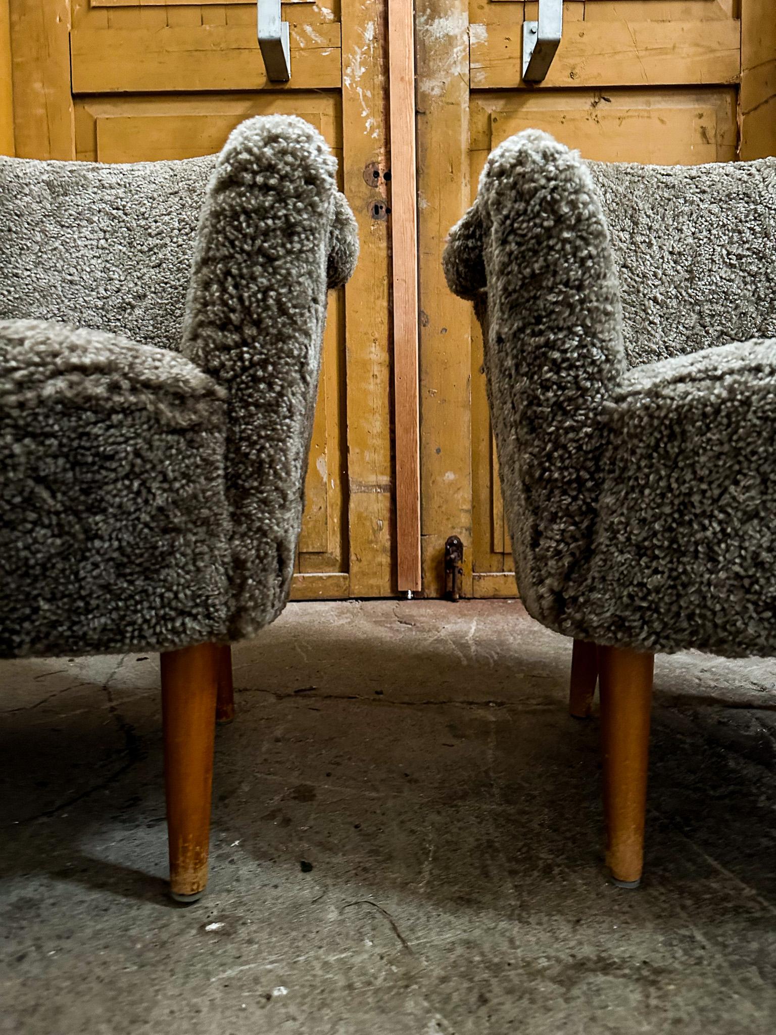 Mid-20th Century Midcentury Modern Sheepskin/Shearling Carl Malmsten Model Samspel Lounge Chairs