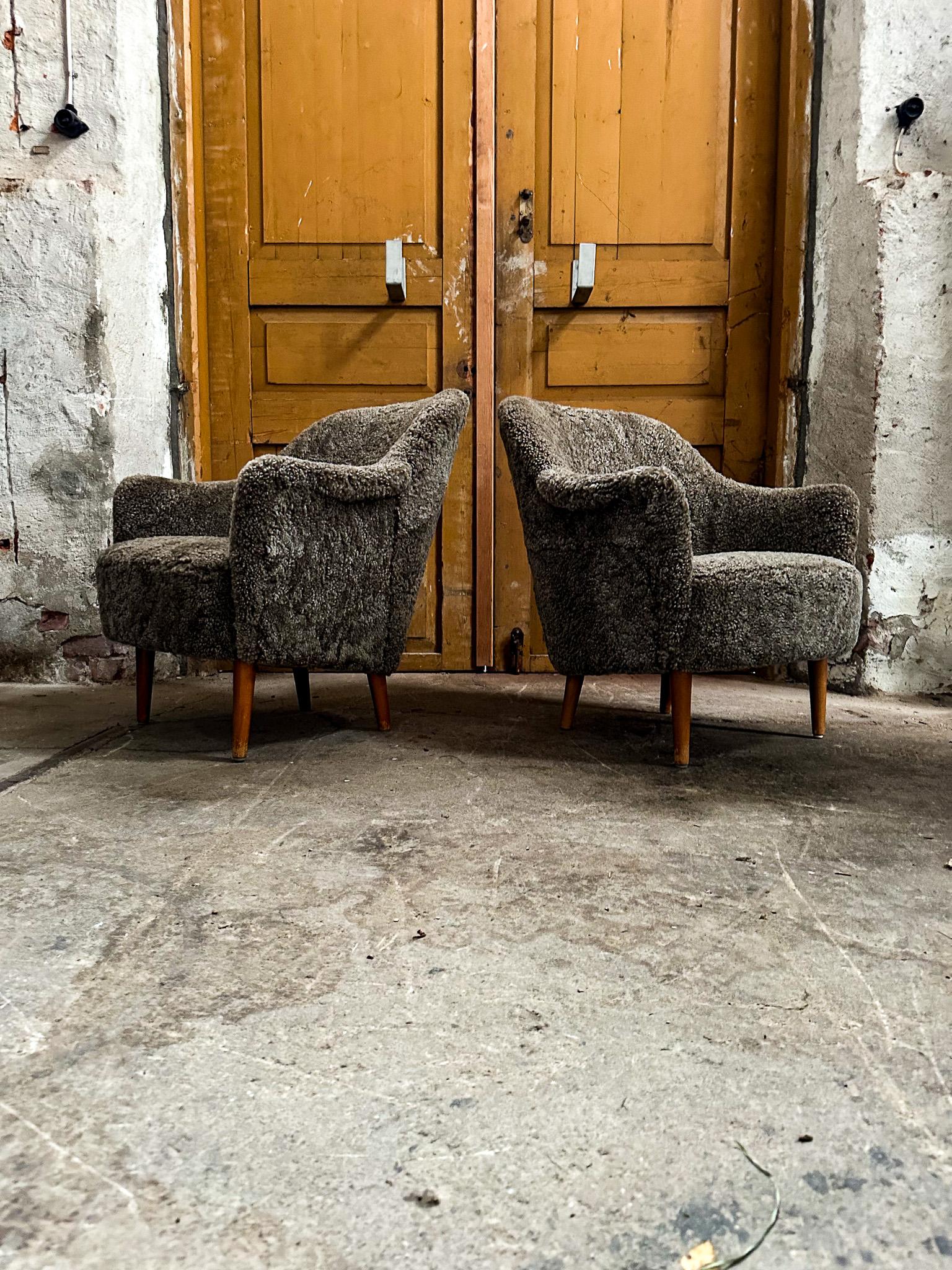 Midcentury Modern Sheepskin/Shearling Carl Malmsten Model Samspel Lounge Chairs 3