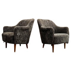 Midcentury Sheepskin/Shearling Carl Malmsten Model 'Samspel" Lounge Chairs