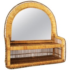 Midcentury Shelf Mirror in Rattan and Woven Wicker, Spain 1960