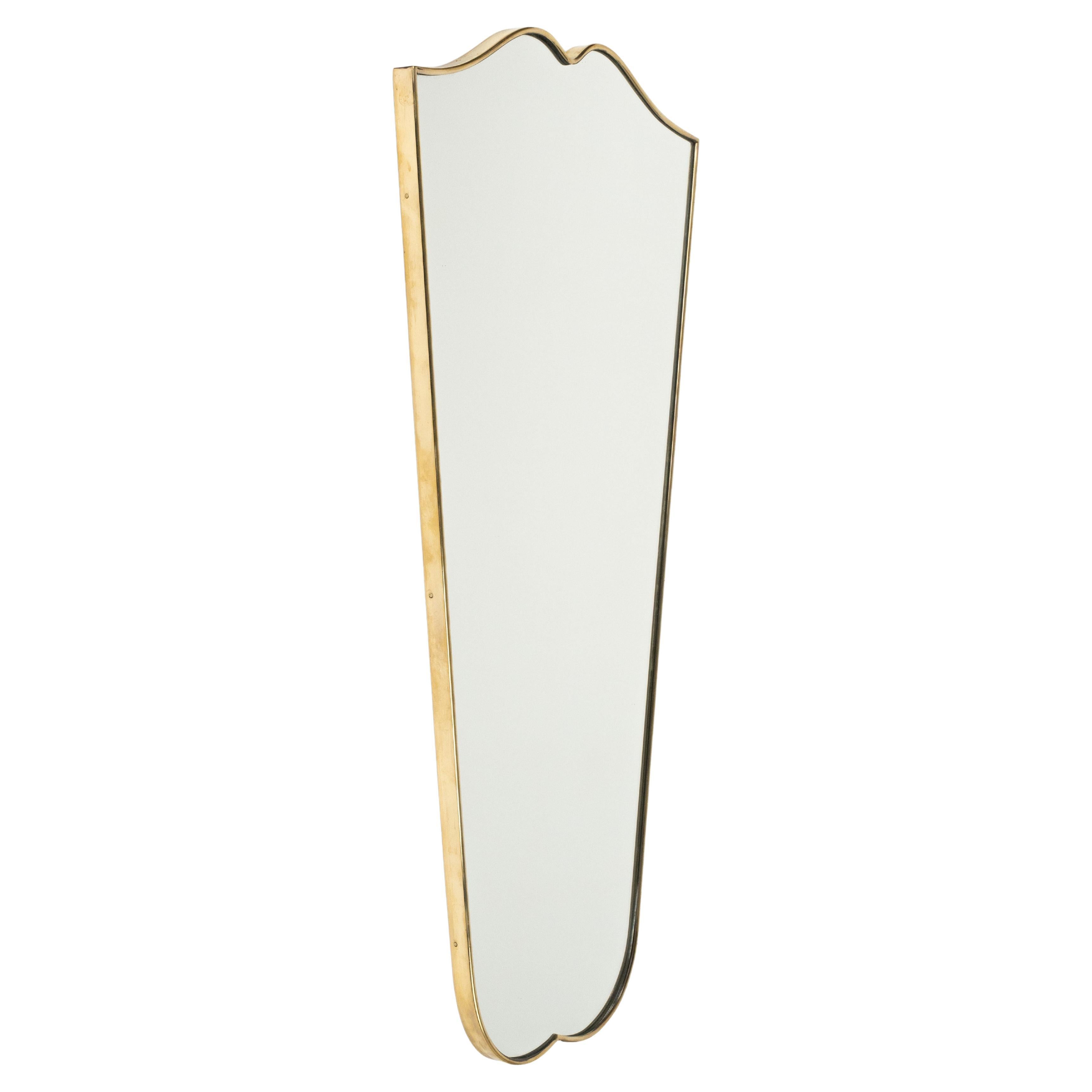Midcentury Shield Shape Wall Mirror in Brass Gio Ponti Style, Italy 1950s