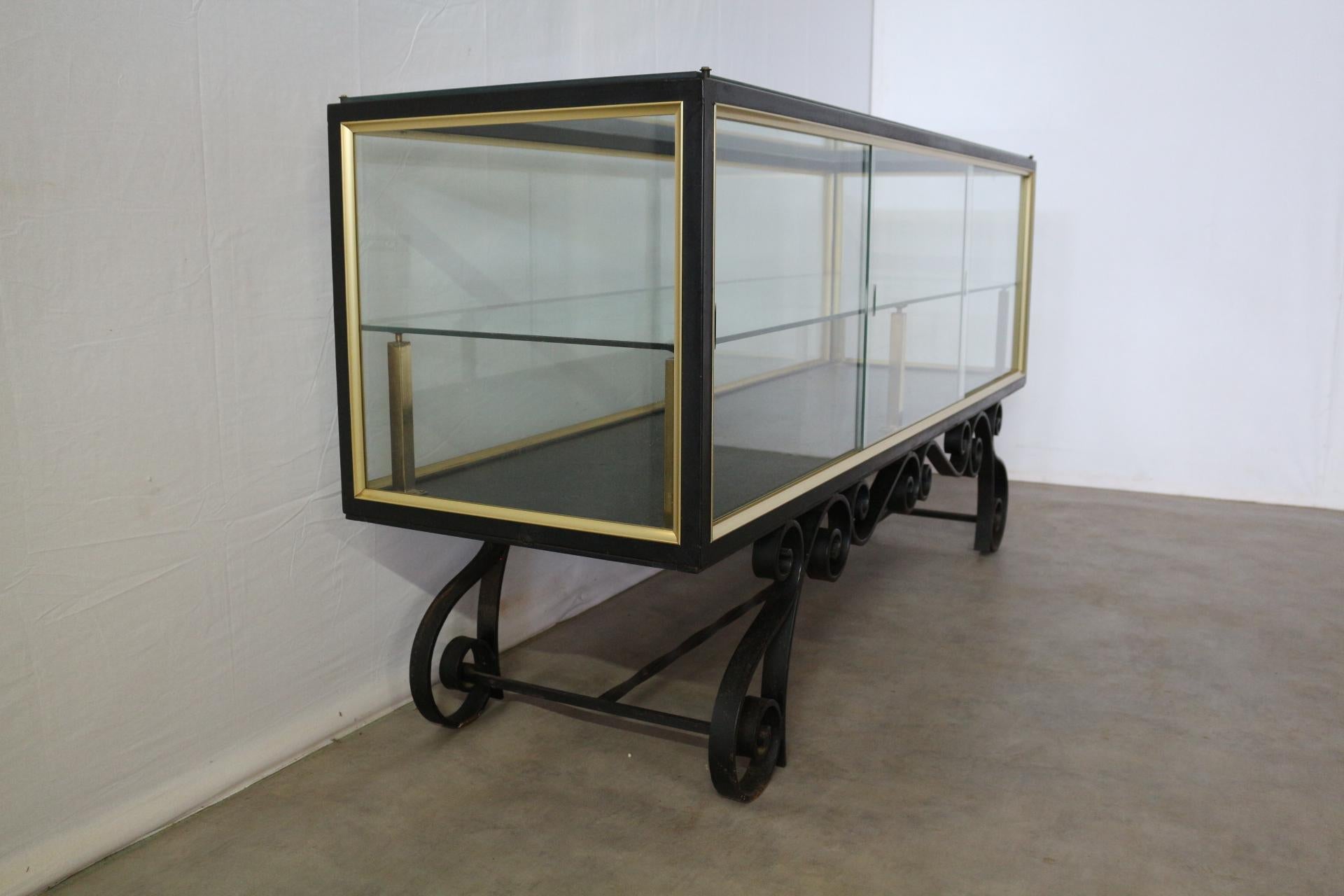 20th Century Midcentury Shop Counter Vitrine Display Cabinet French Glass Wrought Iron
