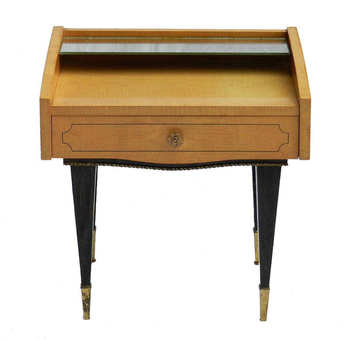 Midcentury side cabinet nightstand bedside table
Lacquered wood with inlay
Single drawer
Mirror shelf
Metal feet
Good vintage condition for its age with only minor marks of use, metal foot slightly tarnished, mirror has signs of wear.


  