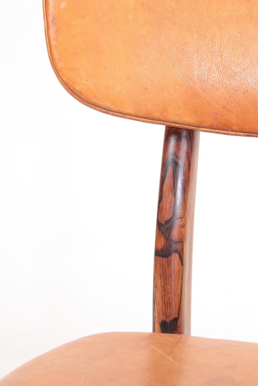Scandinavian Modern Midcentury Side Chair in Rosewood and Patinated Leather by Gustav Bertelsen  For Sale