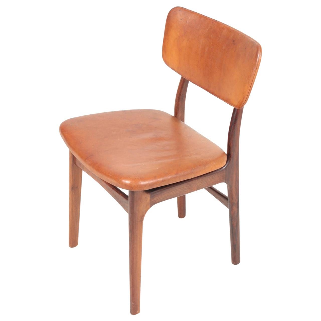 Midcentury Side Chair in Rosewood and Patinated Leather by Gustav Bertelsen For Sale