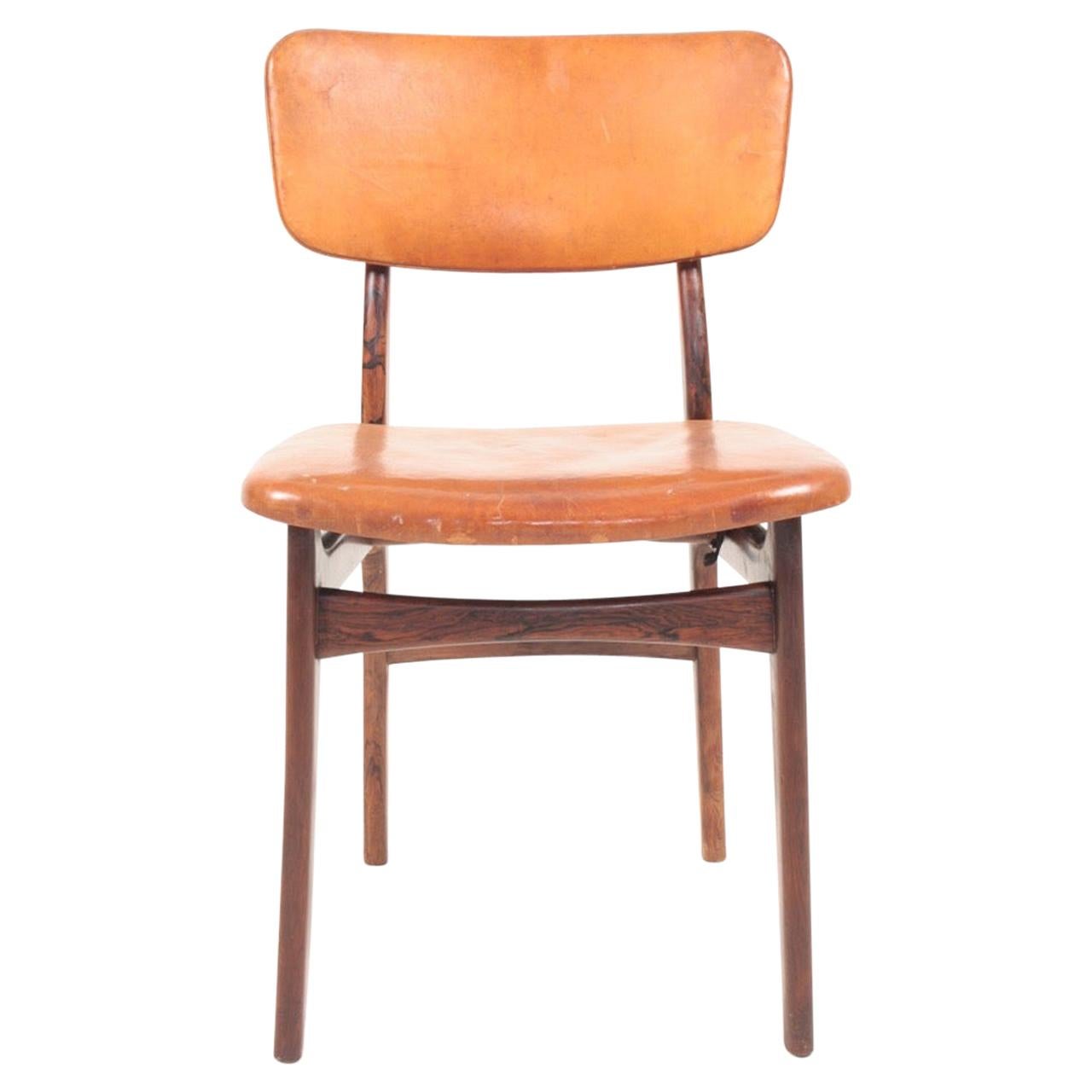 Midcentury Side Chair in Rosewood and Patinated Leather by Gustav Bertelsen 