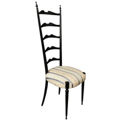 Mid-Century Side Chair Black Wood Damask Fabric Chiavari Italian Design 1950s