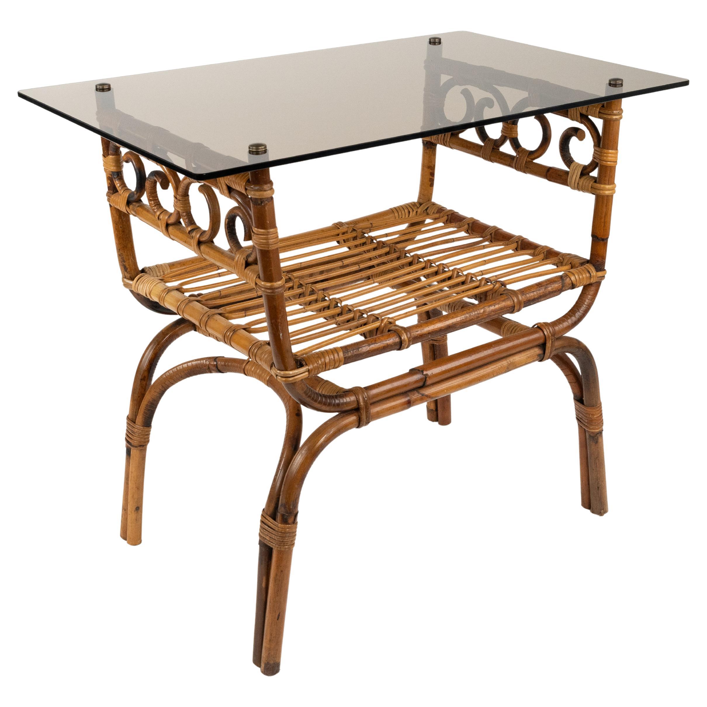 Midcentury Side Table Bamboo, Rattan and Glass Vivai Del Sud Style, Italy 1960s