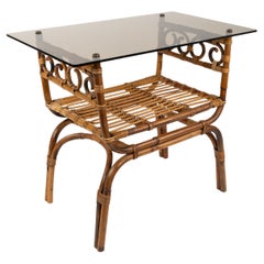 Beistelltisch aus Bambus, Rattan und Glas im Vivai Del Sud-Stil aus der Mitte des Jahrhunderts, Italien 1960er Jahre