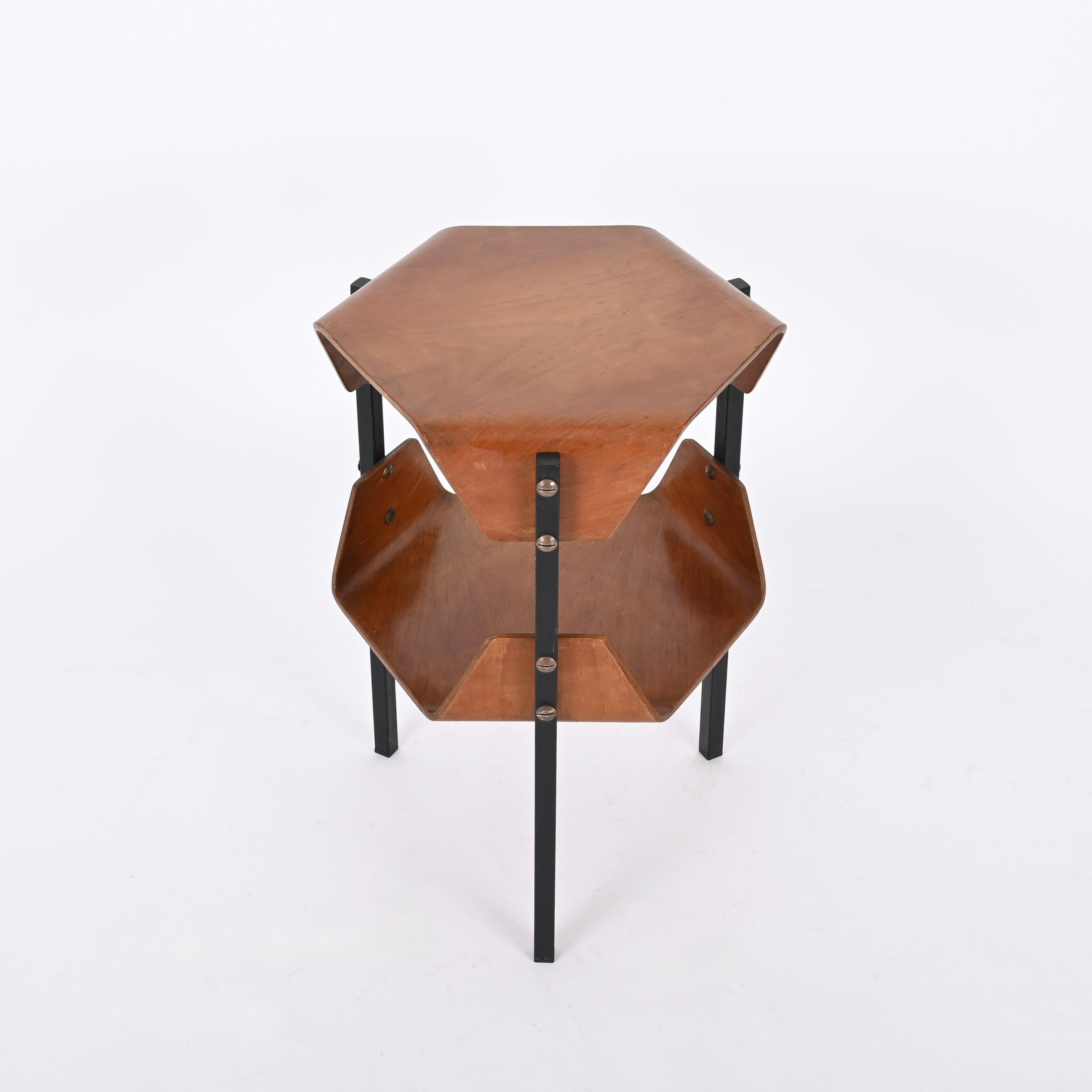 Enameled Midcentury Side Table by Campo e Graffi, Bent Walnut, Brass and Metal, 1950s