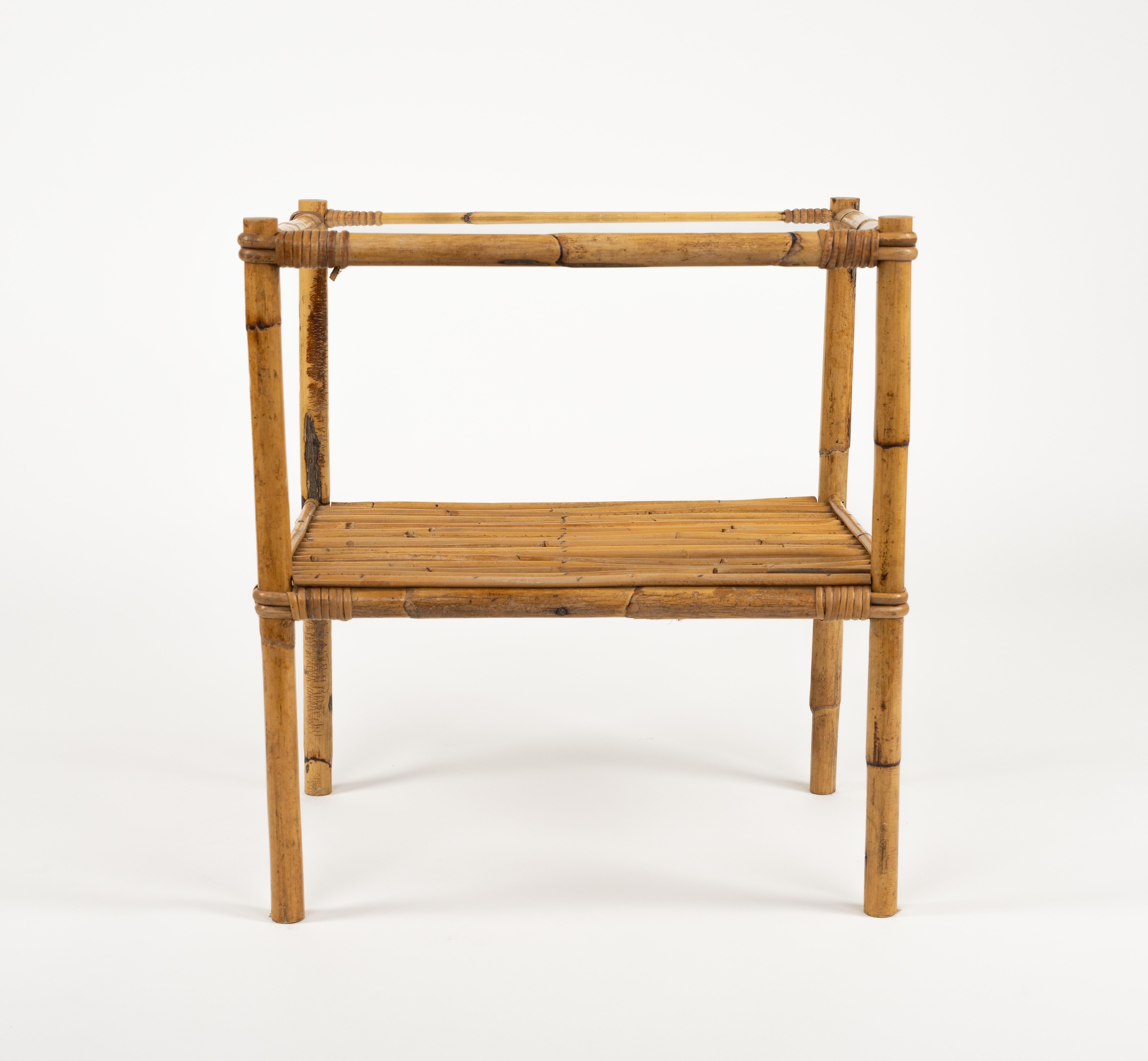 Midcentury Beistelltisch aus Bambus, Rattan und Glas, Italien 1970er 4