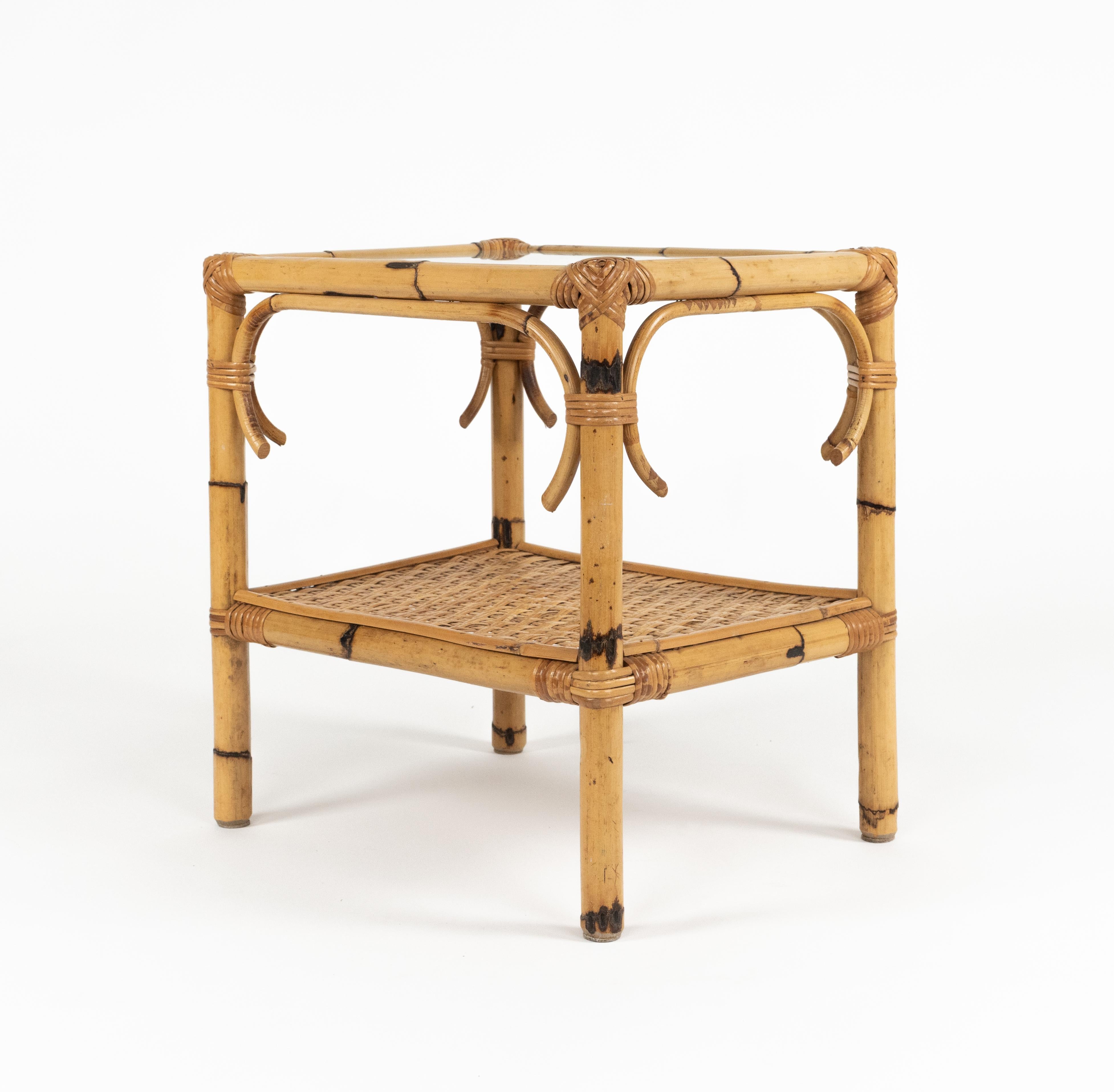 Midcentury Side Table in Bamboo, Rattan and Glass, Italy 1970s For Sale 4