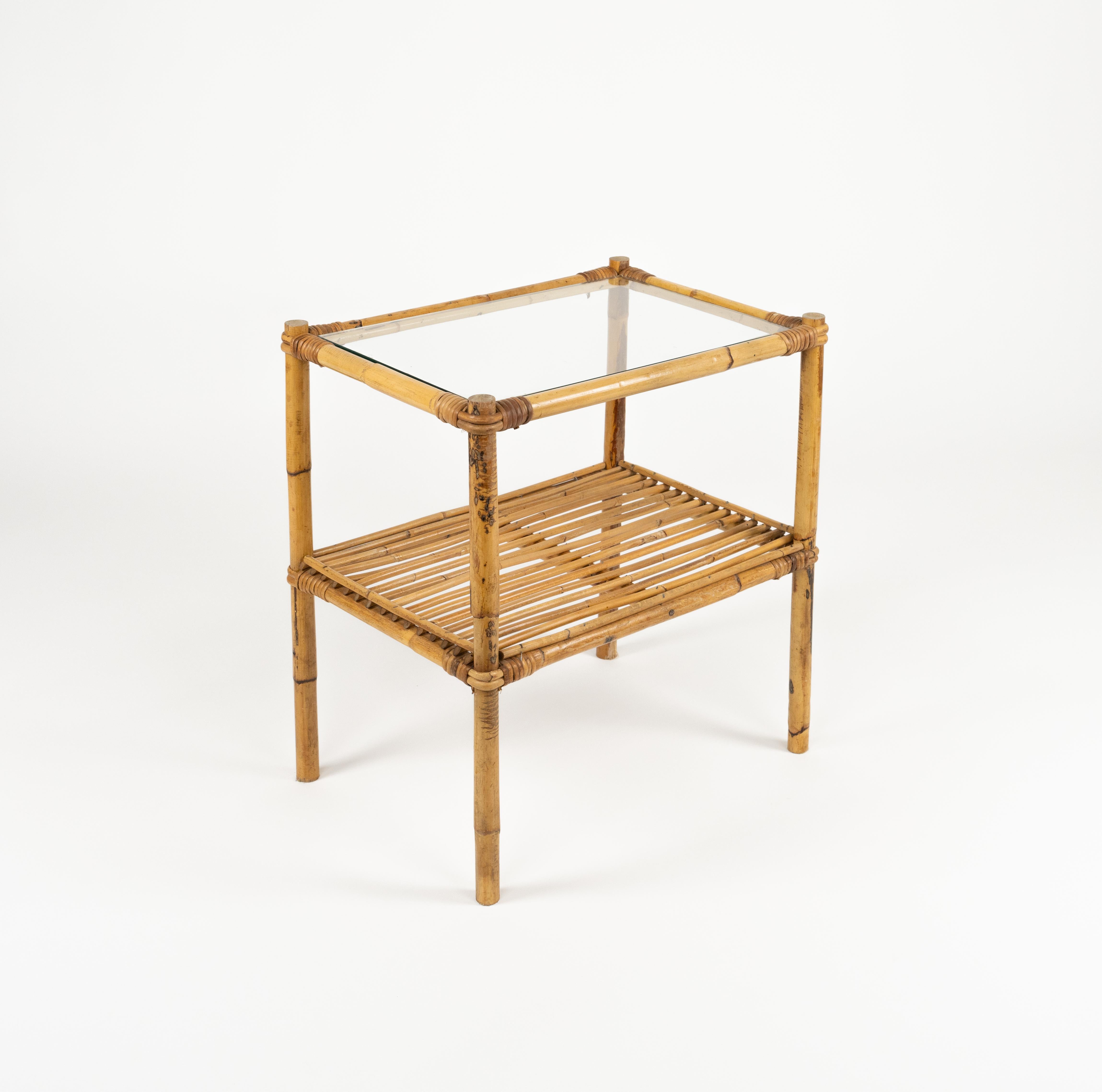 Mid-Century Modern Midcentury Side Table in Bamboo, Rattan and Glass, Italy 1970s For Sale