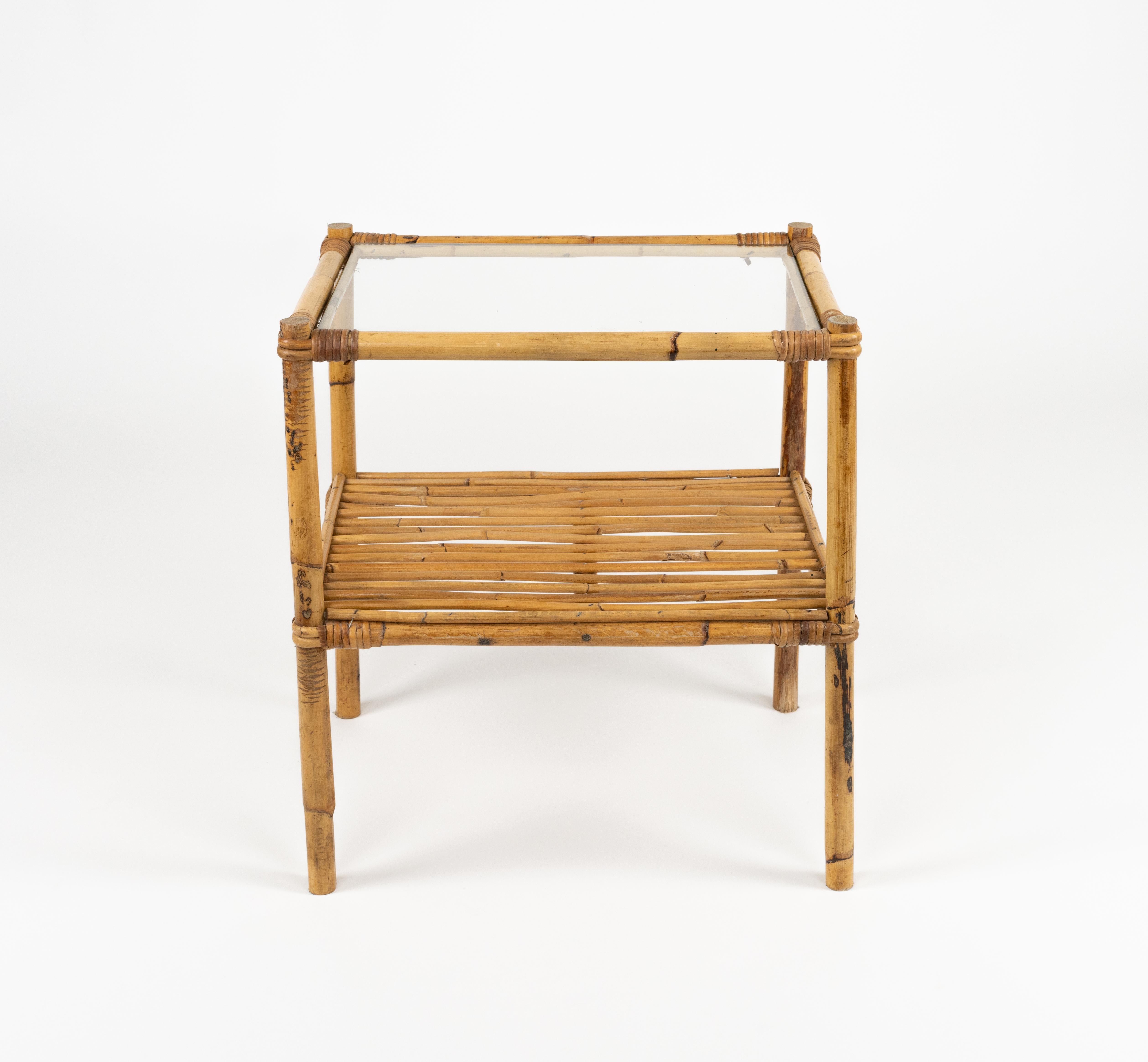 Italian Midcentury Side Table in Bamboo, Rattan and Glass, Italy 1970s For Sale