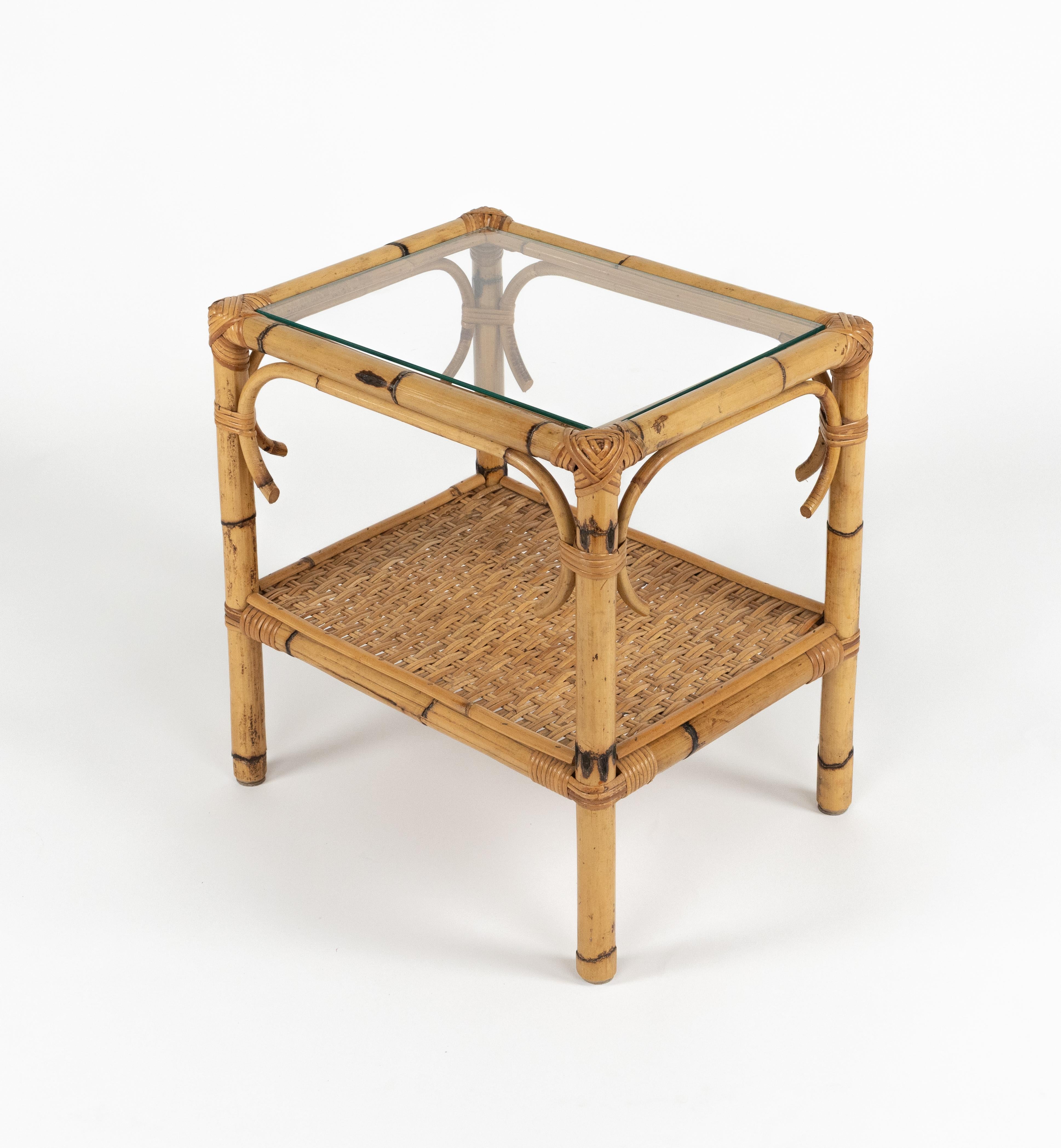 Italian Midcentury Side Table in Bamboo, Rattan and Glass, Italy 1970s For Sale