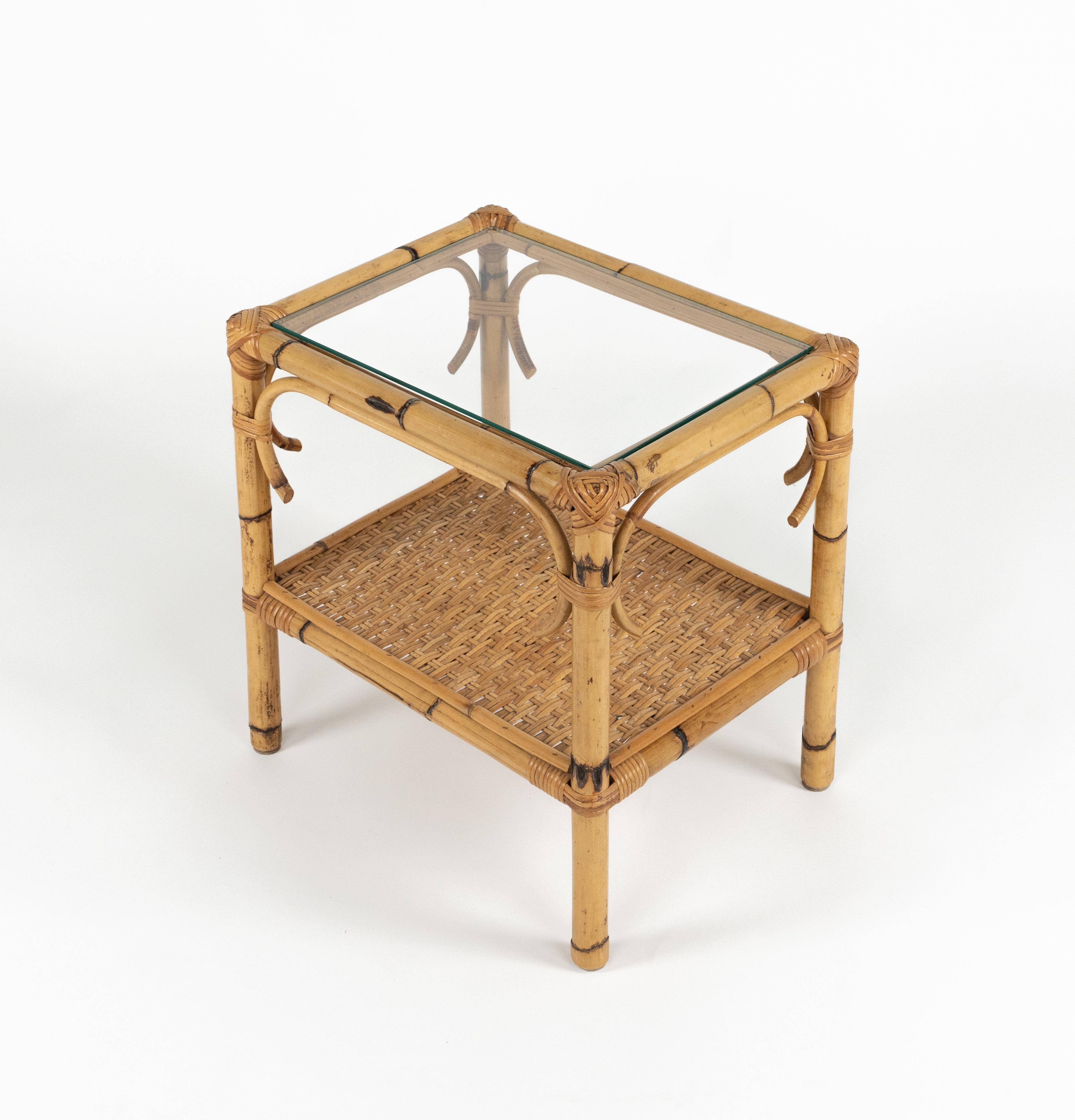 Midcentury Side Table in Bamboo, Rattan and Glass, Italy 1970s In Good Condition For Sale In Rome, IT