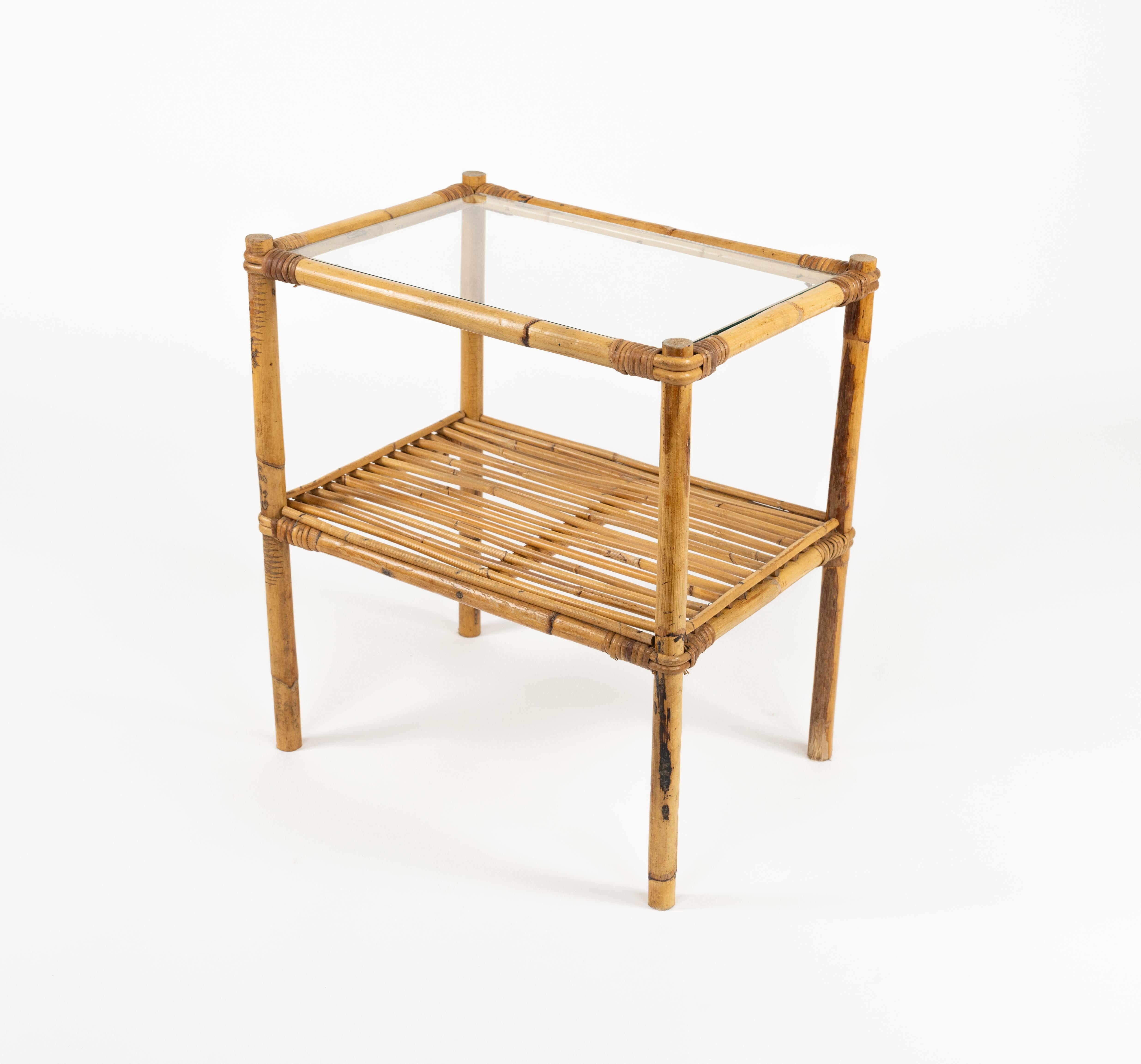 Late 20th Century Midcentury Side Table in Bamboo, Rattan and Glass, Italy 1970s For Sale