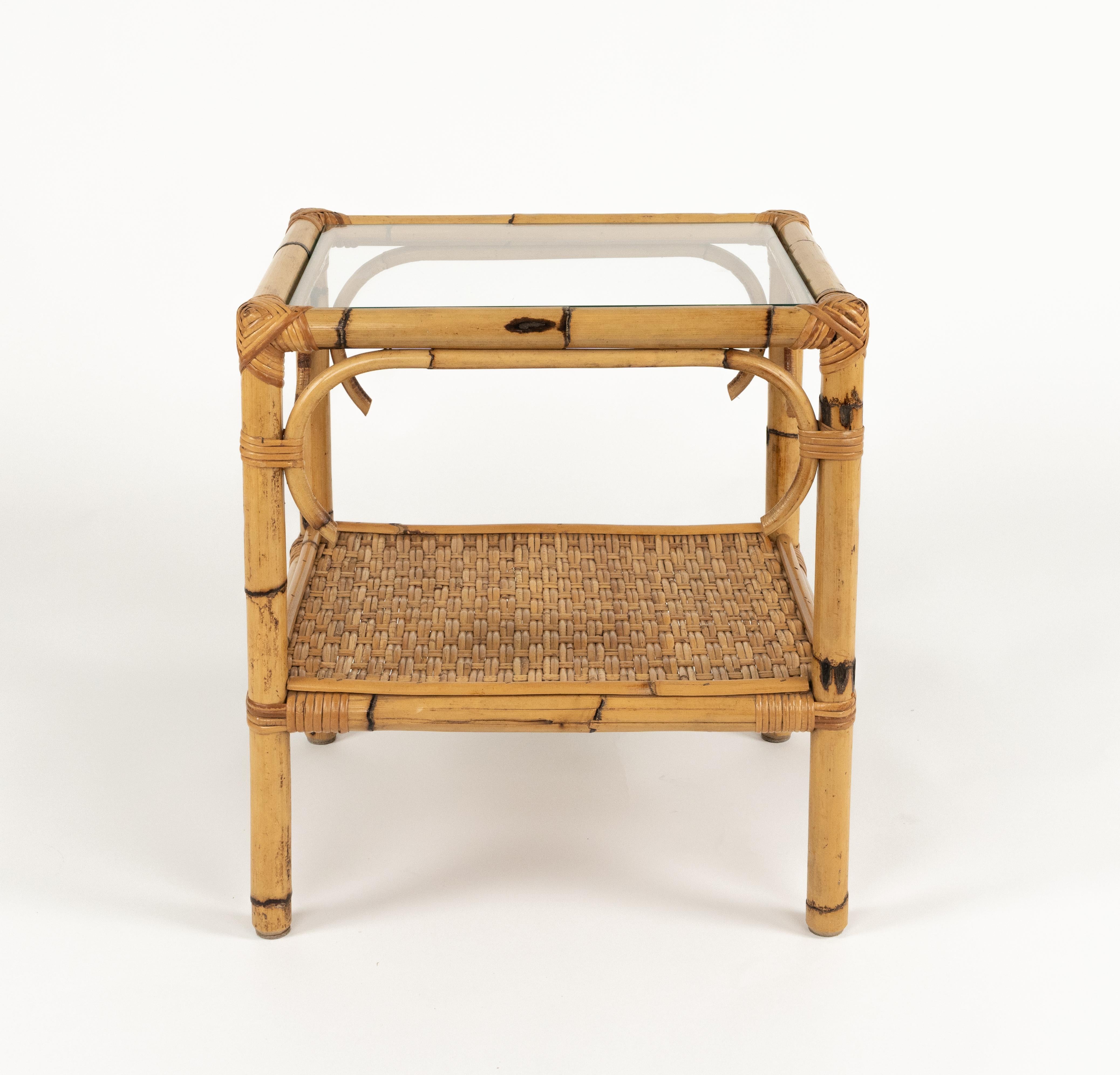 Late 20th Century Midcentury Side Table in Bamboo, Rattan and Glass, Italy 1970s For Sale
