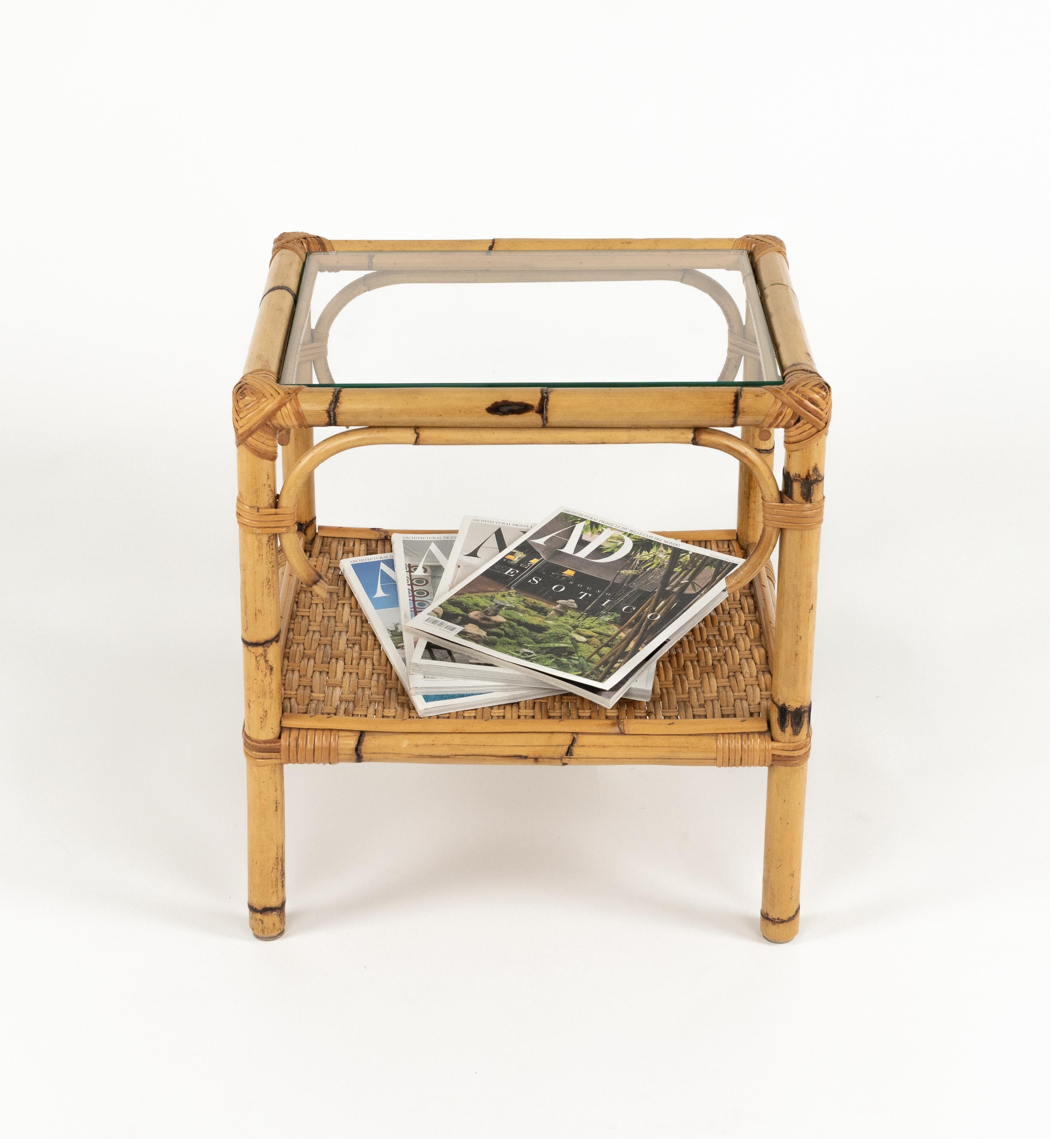 Midcentury Side Table in Bamboo, Rattan and Glass, Italy 1970s For Sale 1