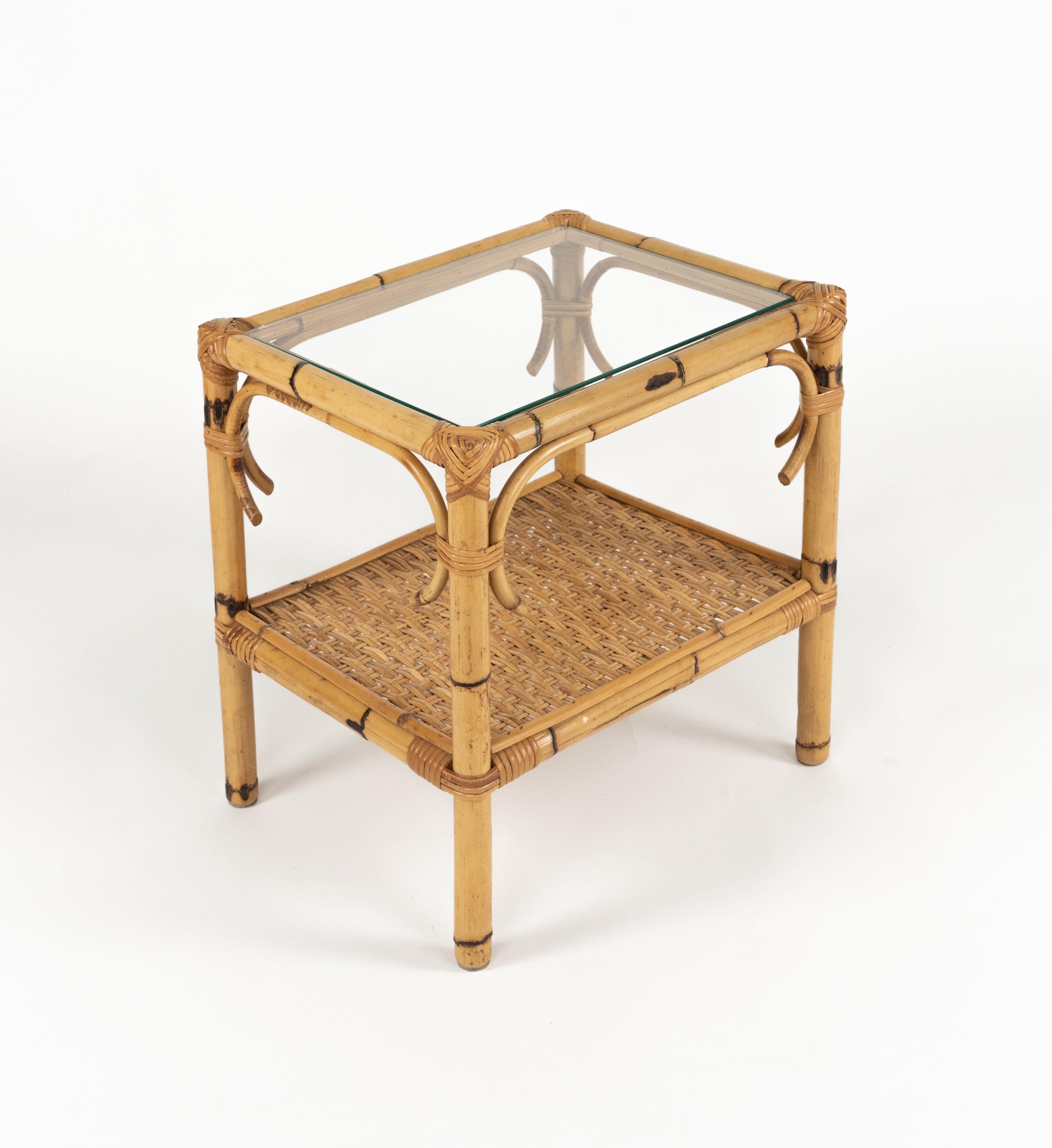 Midcentury Side Table in Bamboo, Rattan and Glass, Italy 1970s For Sale 2
