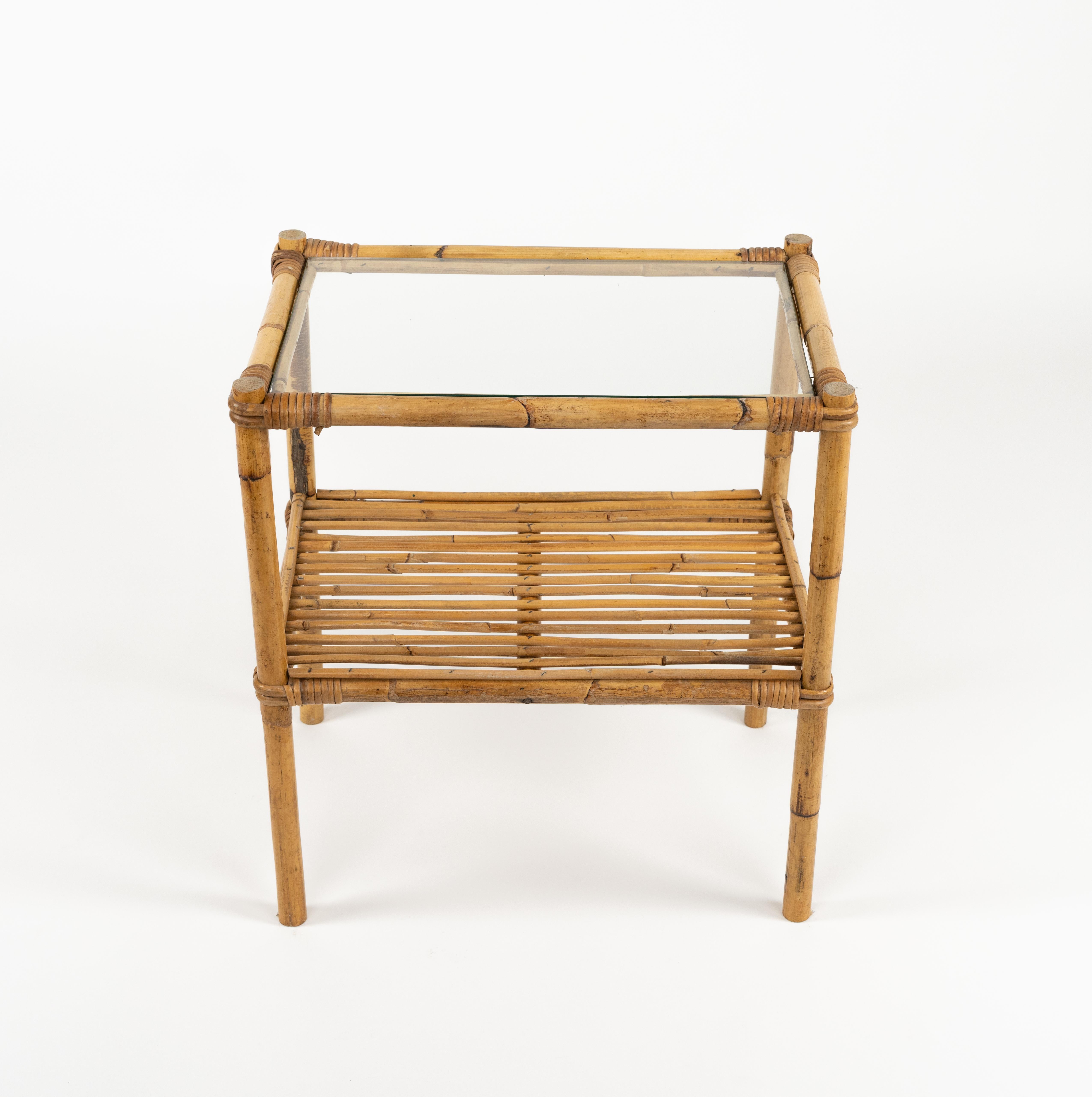 Midcentury Beistelltisch aus Bambus, Rattan und Glas, Italien 1970er 3