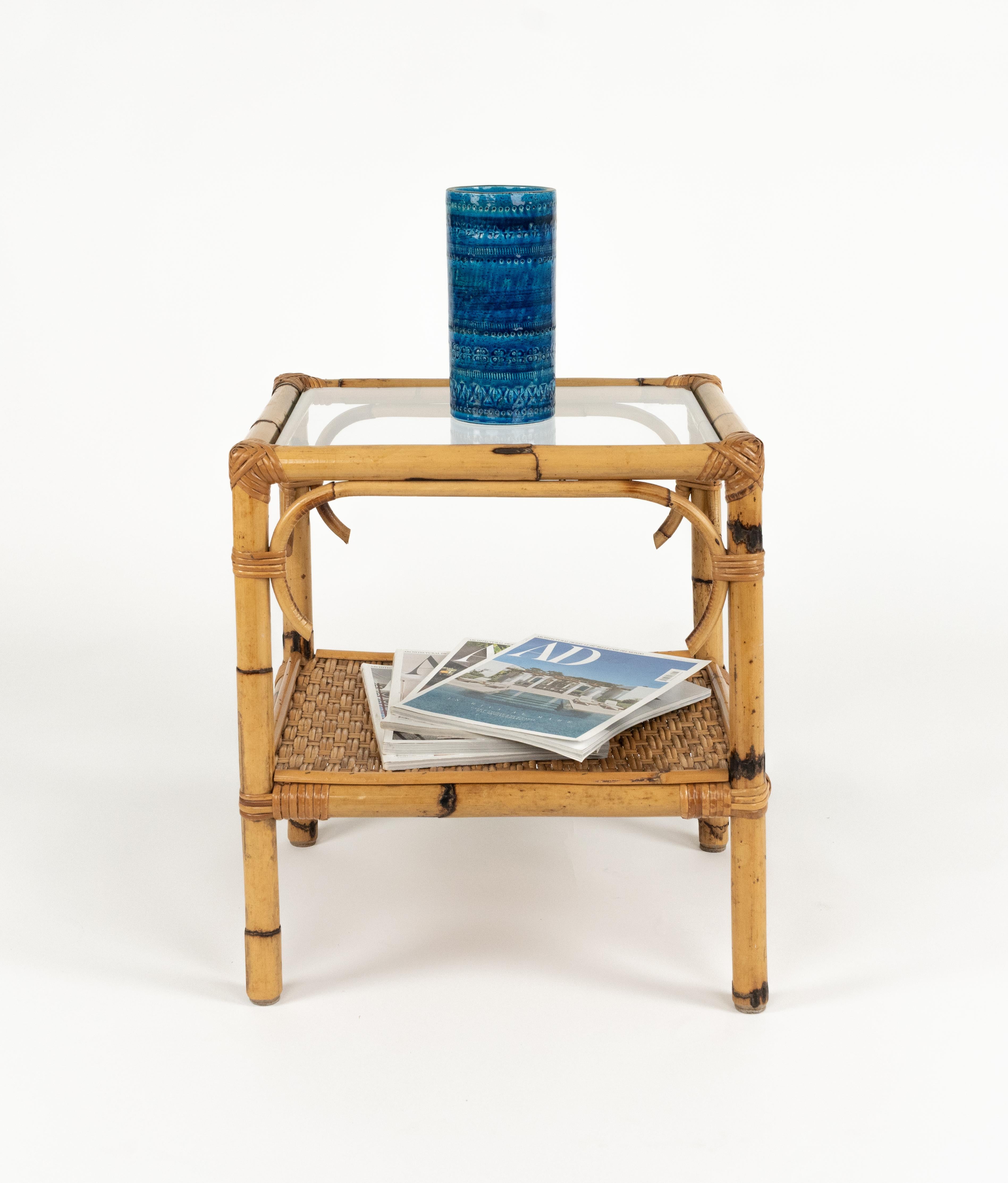Midcentury Side Table in Bamboo, Rattan and Glass, Italy 1970s For Sale 3
