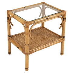 Midcentury Side Table in Bamboo, Rattan and Glass, Italy 1970s