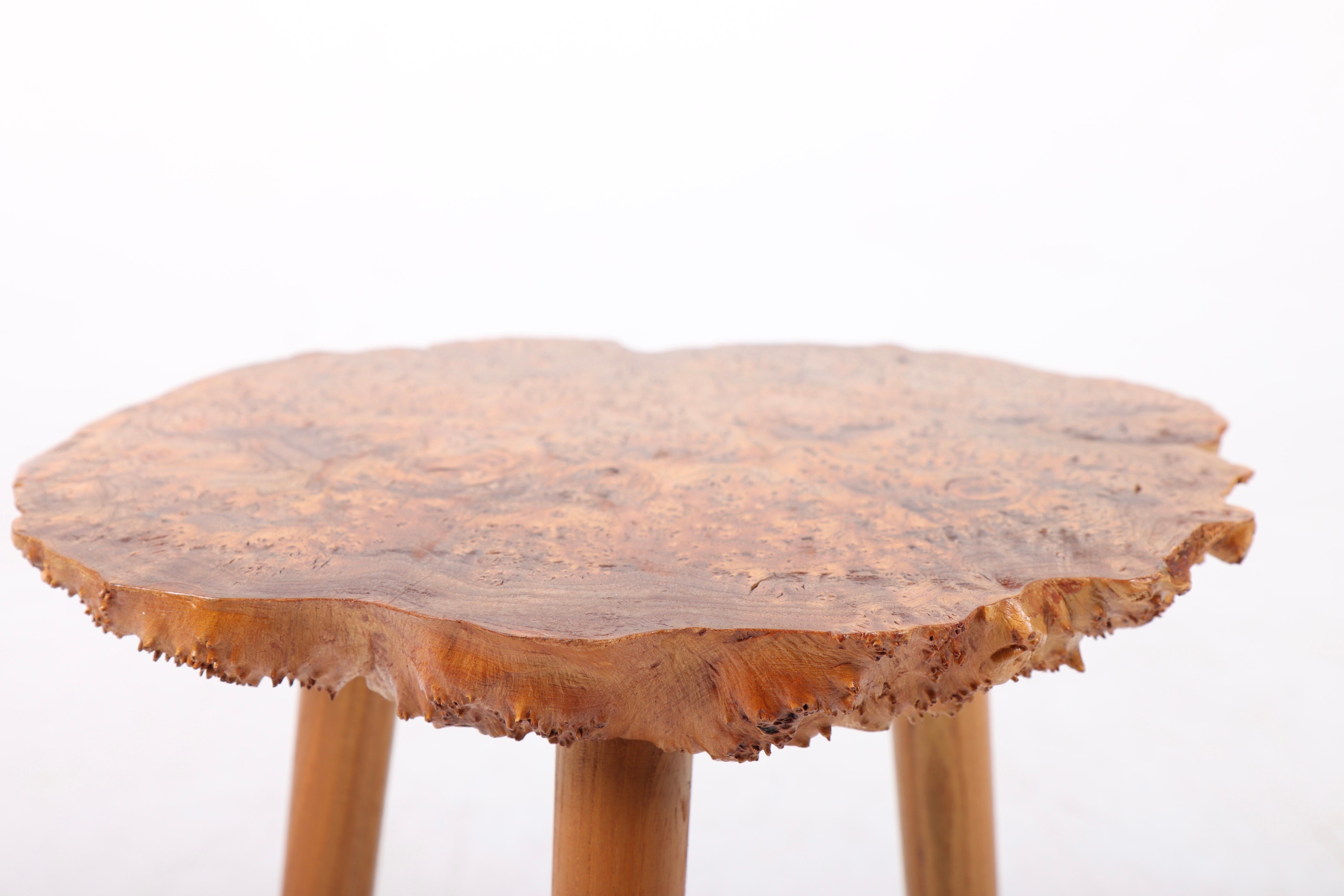 Side table in burled wood, designed and made in Denmark. Great original condition.